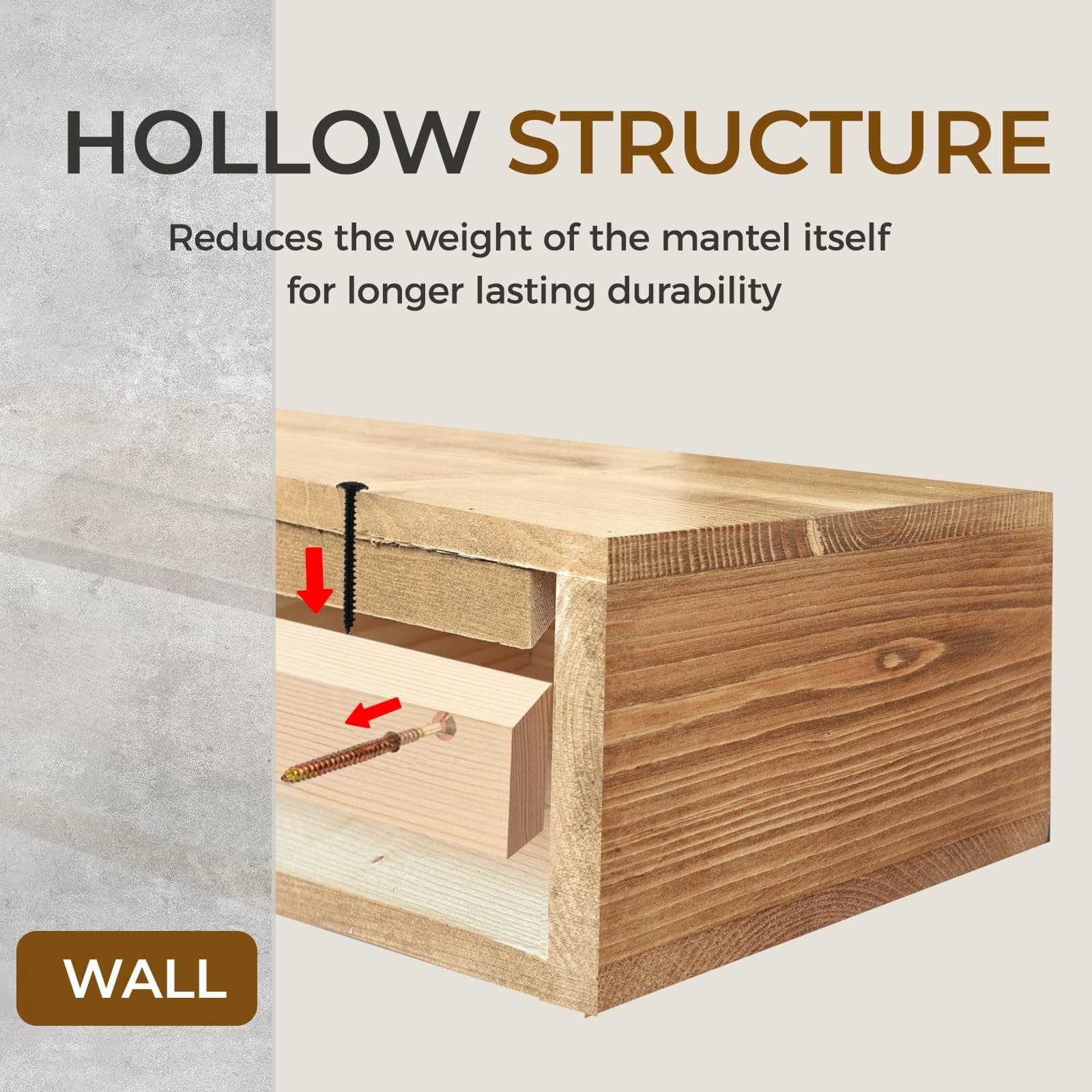 YLYHSST 48" Fireplace Mantel 5'' Thick Hollow Wood Floating Shelf Wood Color - Thumbnail 4