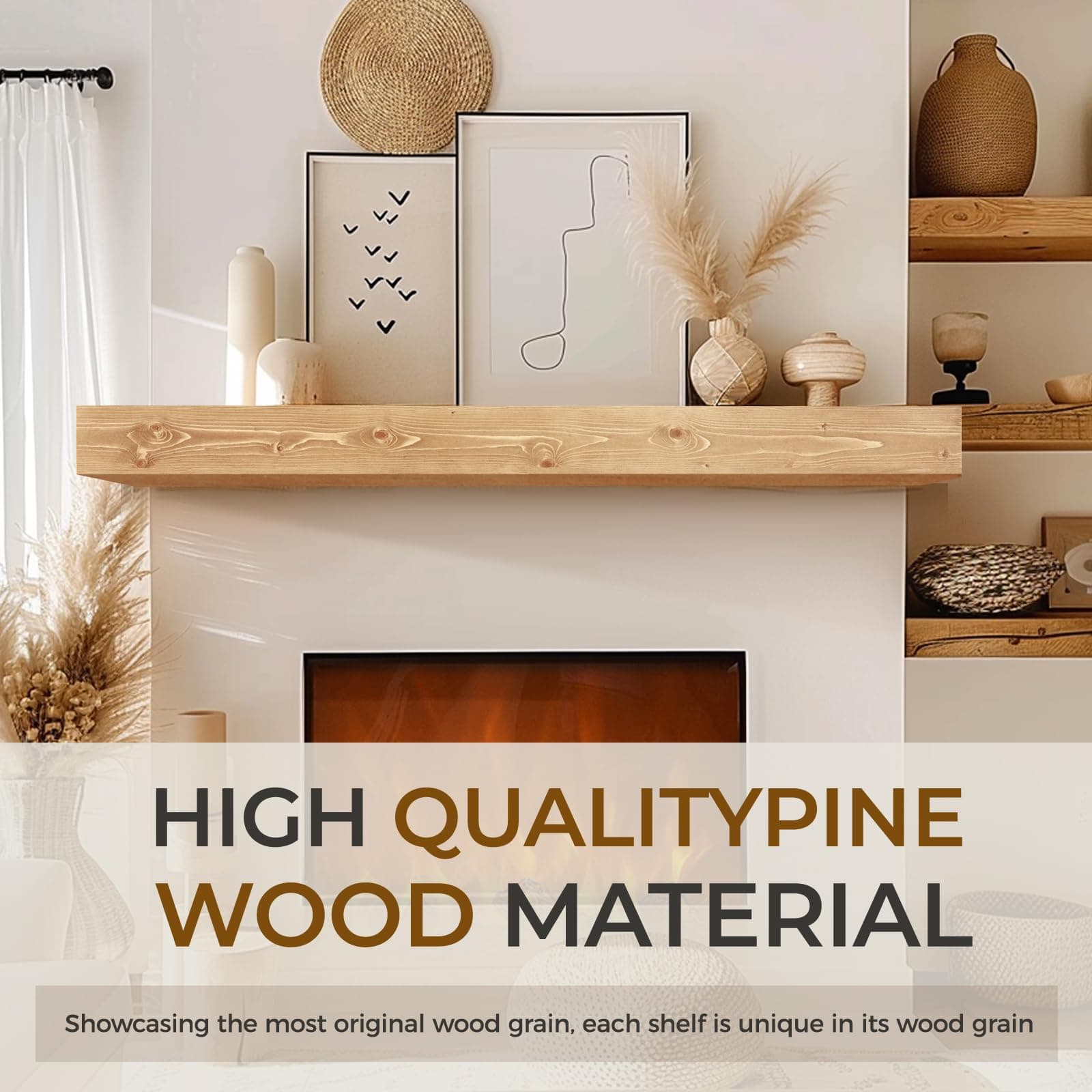 YLYHSST 48" Fireplace Mantel 5'' Thick Hollow Wood Floating Shelf Wood Color - Thumbnail 6