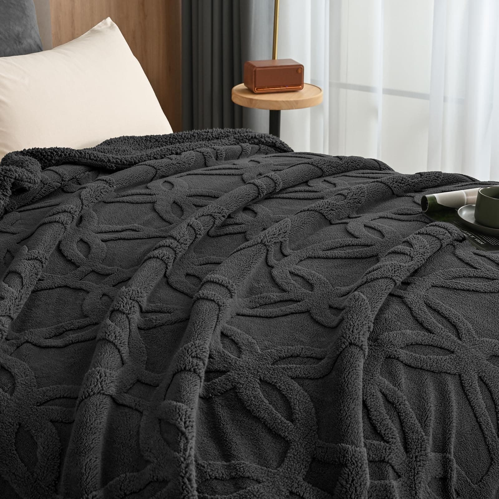 PHF Sherpa Fleece Blanket King Size 108" x 90" Dark Grey