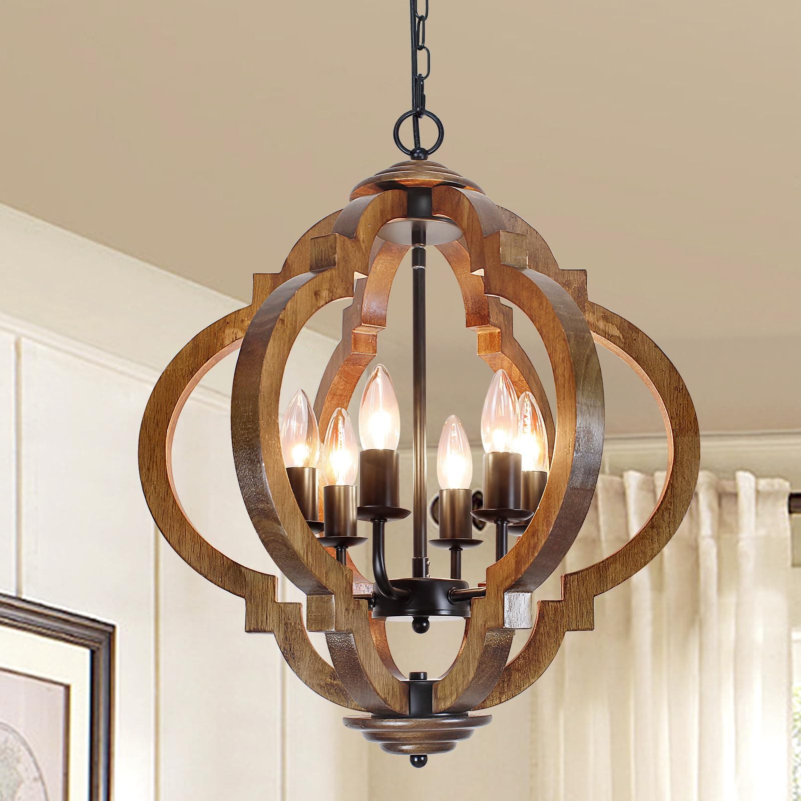 FwdmHao Farmhouse Rustic Wooden Chandelier 6-Light Black Metal & Brown Wood