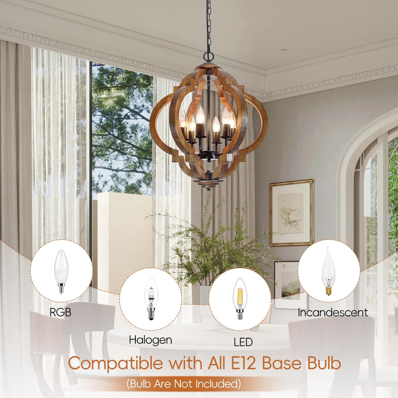 FwdmHao Farmhouse Rustic Wooden Chandelier 6-Light Black Metal & Brown Wood - Thumbnail 2