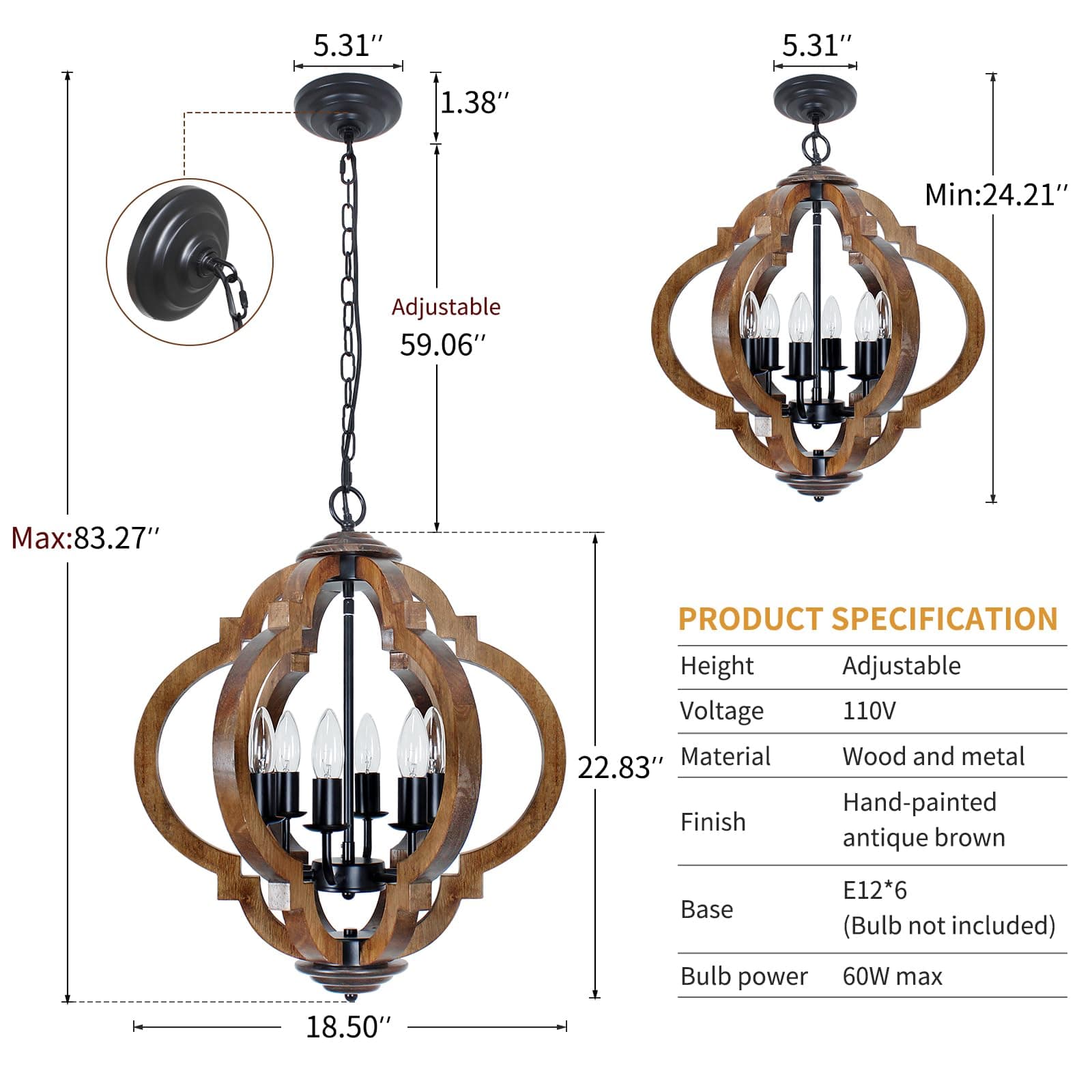 FwdmHao Farmhouse Rustic Wooden Chandelier 6-Light Black Metal & Brown Wood - Thumbnail 3