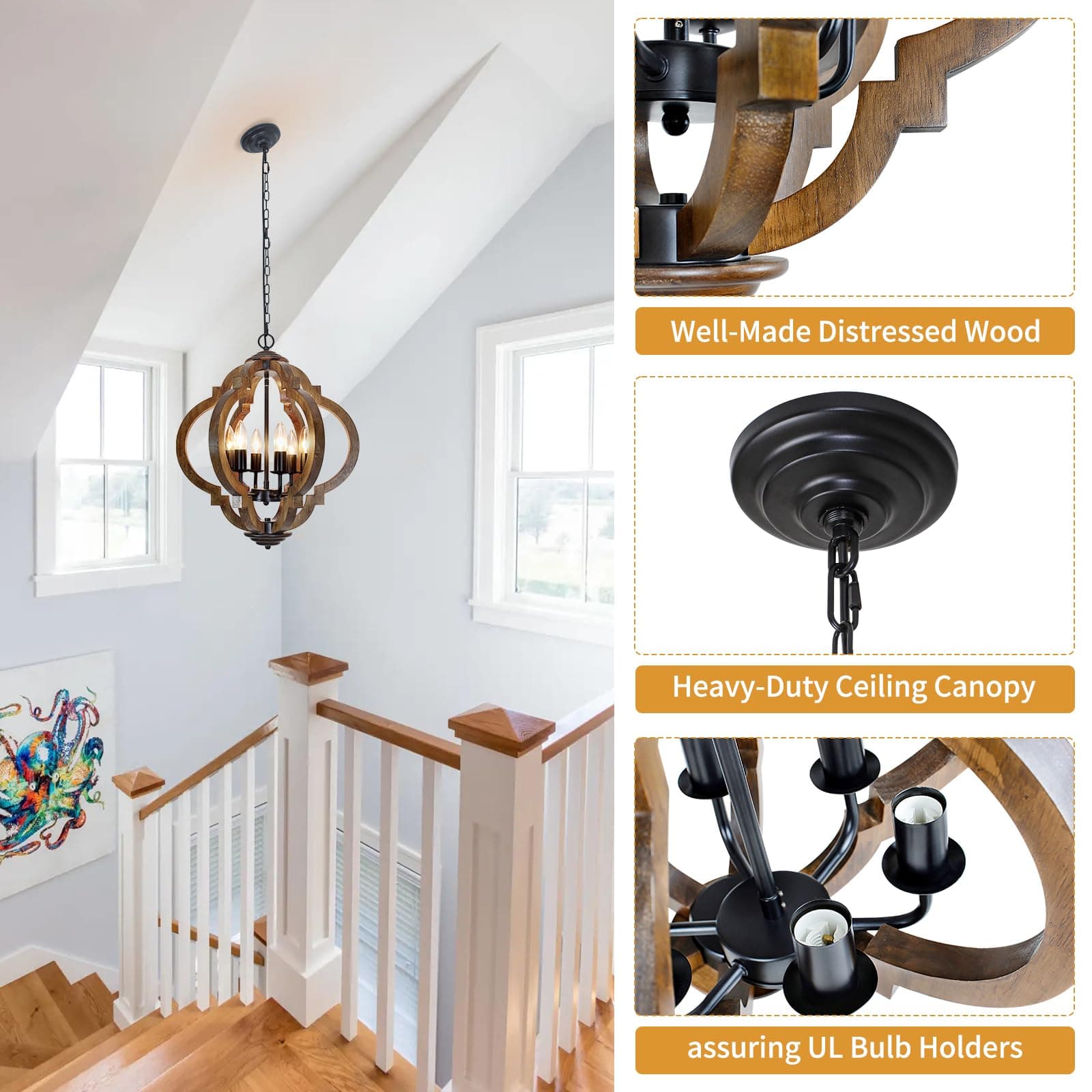 FwdmHao Farmhouse Rustic Wooden Chandelier 6-Light Black Metal & Brown Wood - Thumbnail 4