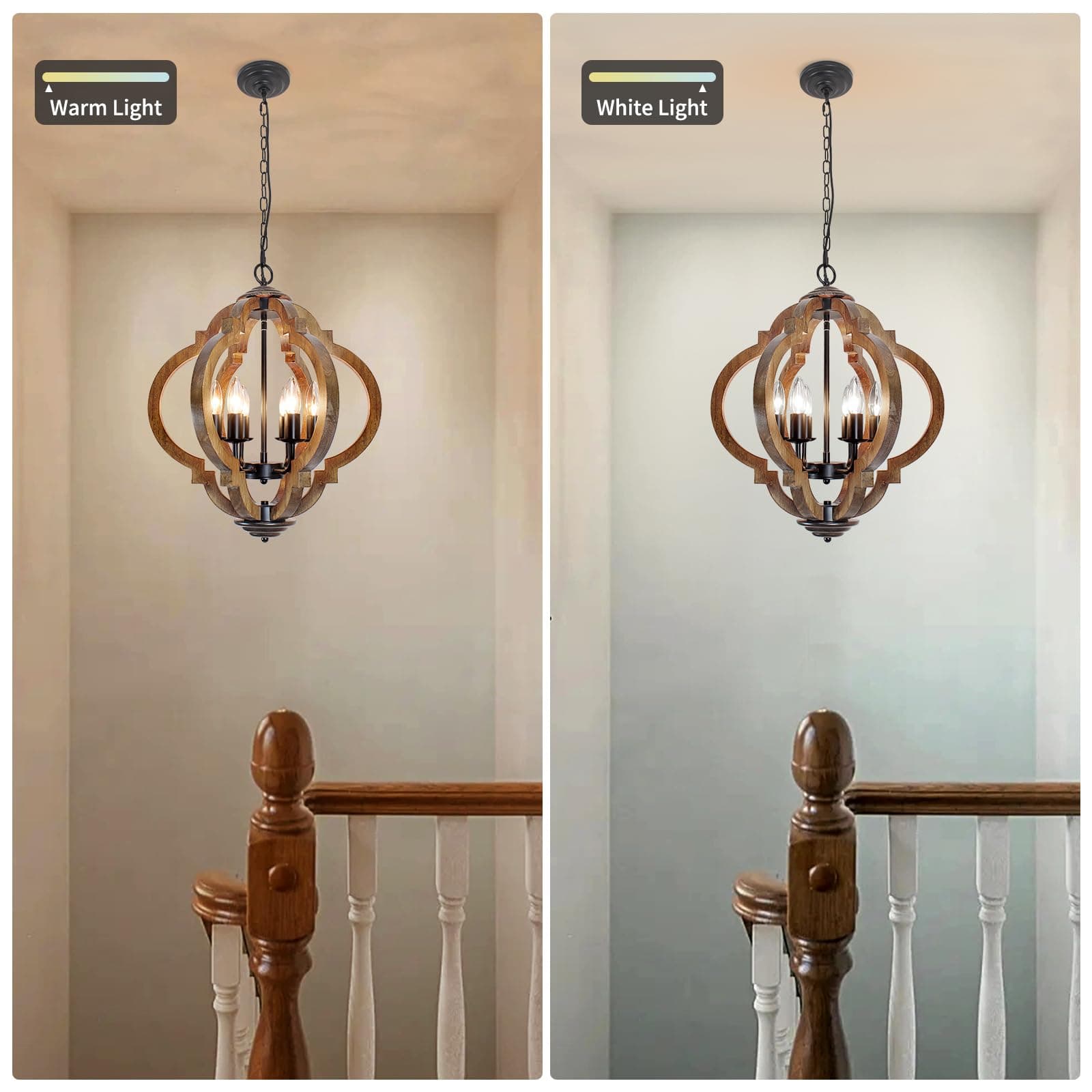 FwdmHao Farmhouse Rustic Wooden Chandelier 6-Light Black Metal & Brown Wood - Thumbnail 5