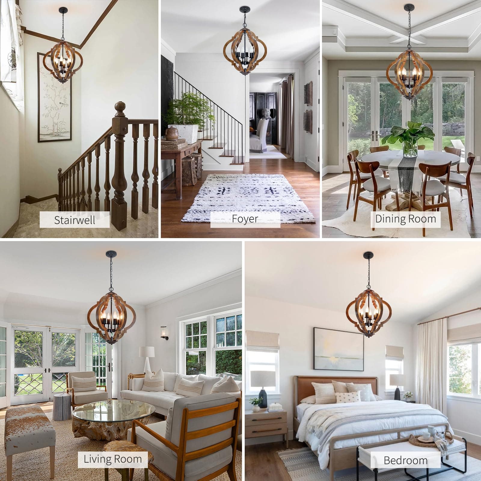 FwdmHao Farmhouse Rustic Wooden Chandelier 6-Light Black Metal & Brown Wood - Thumbnail 6