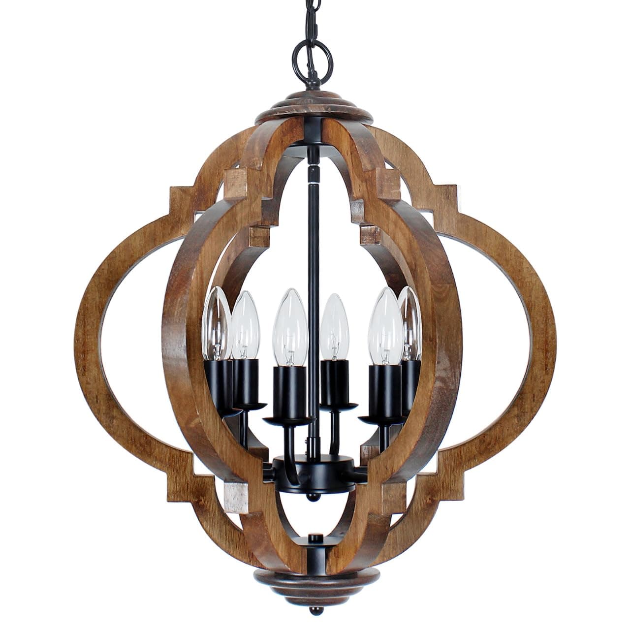 FwdmHao Farmhouse Rustic Wooden Chandelier 6-Light Black Metal & Brown Wood - Thumbnail 7