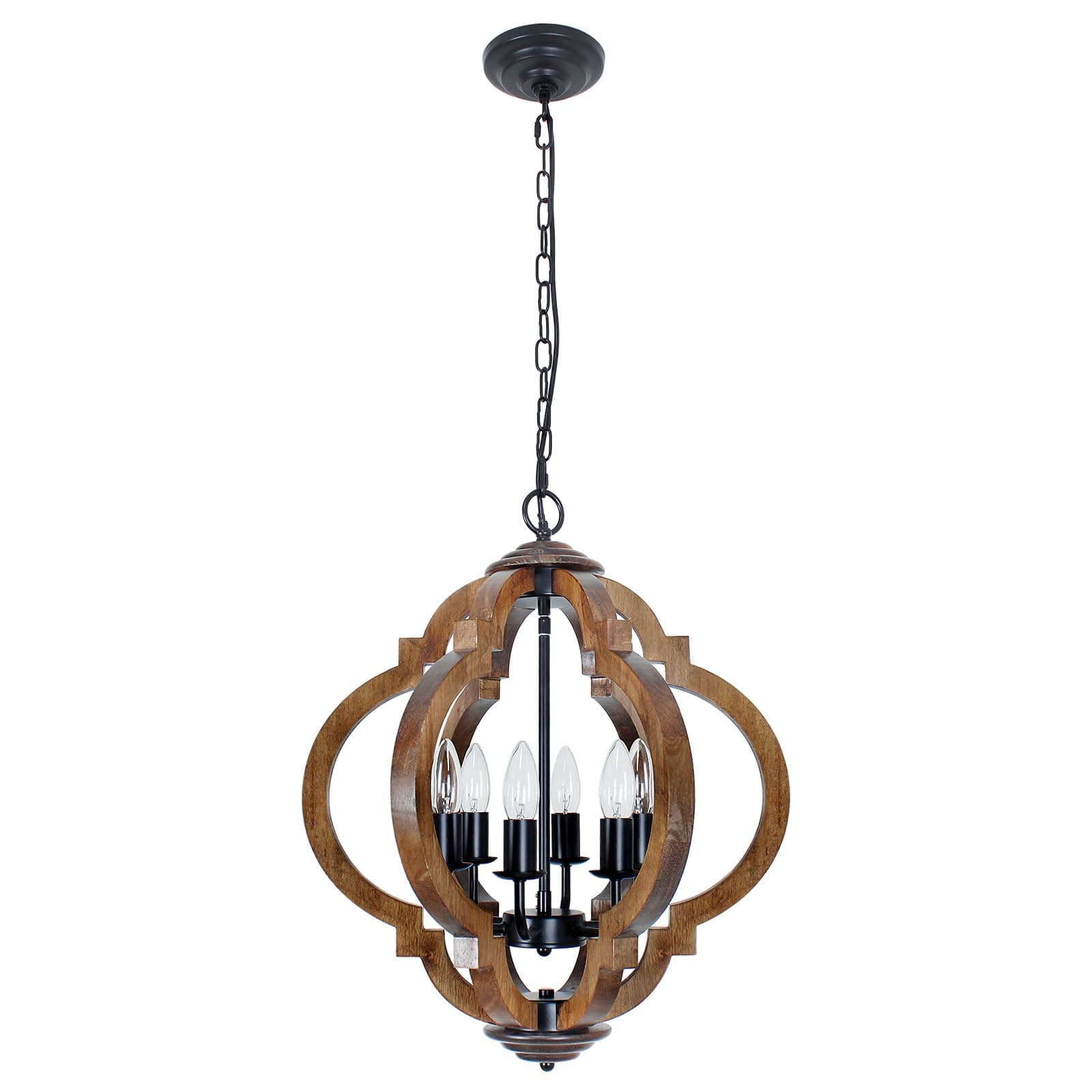 FwdmHao Farmhouse Rustic Wooden Chandelier 6-Light Black Metal & Brown Wood - Thumbnail 8