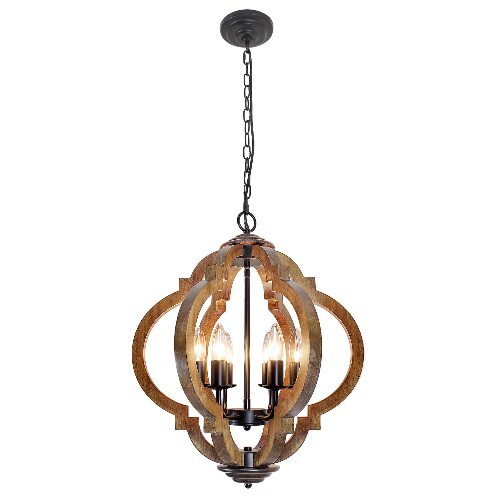 FwdmHao Farmhouse Rustic Wooden Chandelier 6-Light Black Metal & Brown Wood - Thumbnail 9
