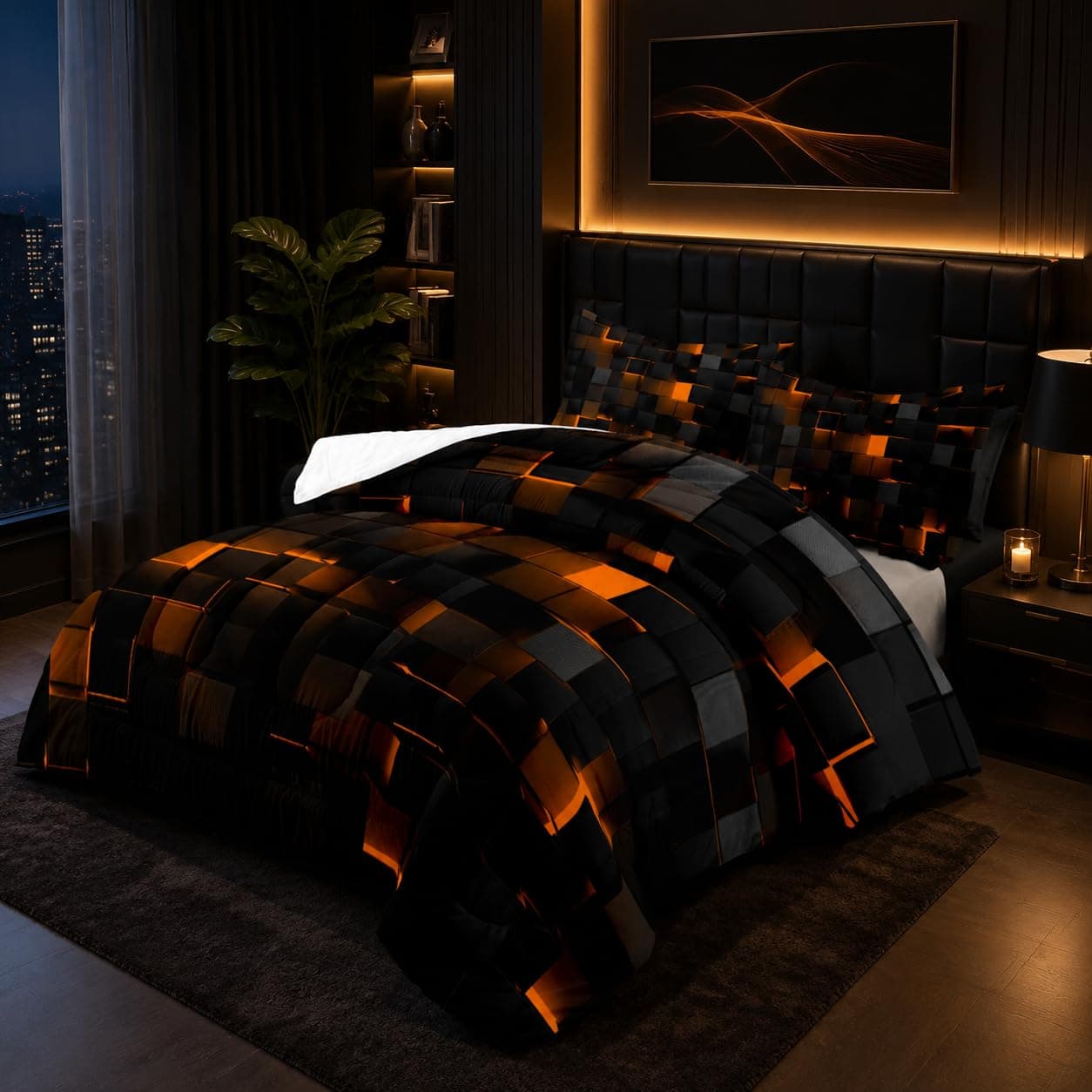 Nttopship Geometric Yellow Black Comforter Set King Size 3 Piece Microfiber