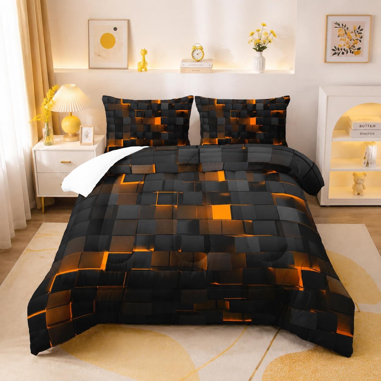 Nttopship Geometric Yellow Black Comforter Set King Size 3 Piece Microfiber - Thumbnail 2