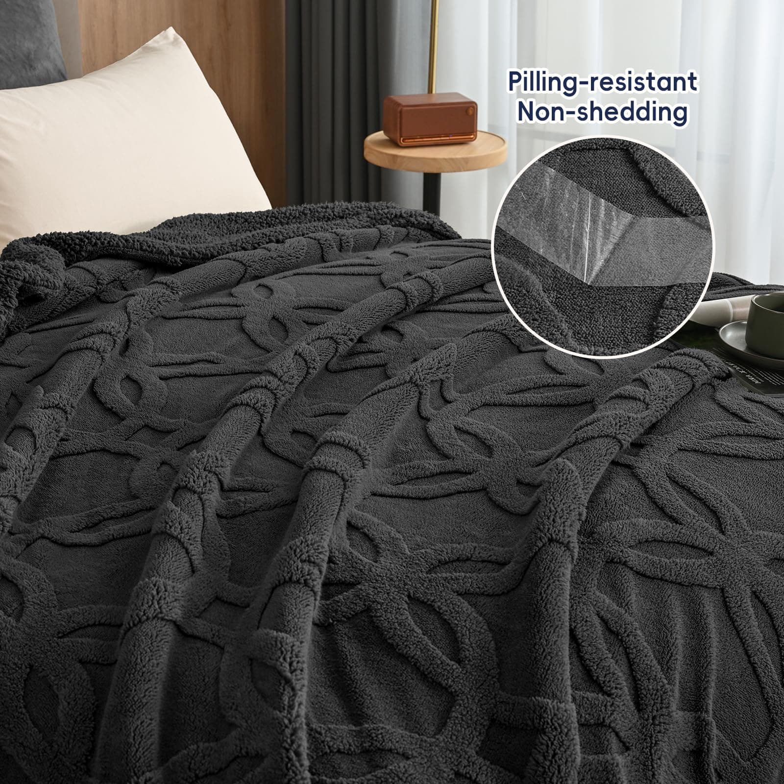 PHF Sherpa Fleece Blanket King Size 108" x 90" Dark Grey - Thumbnail 6