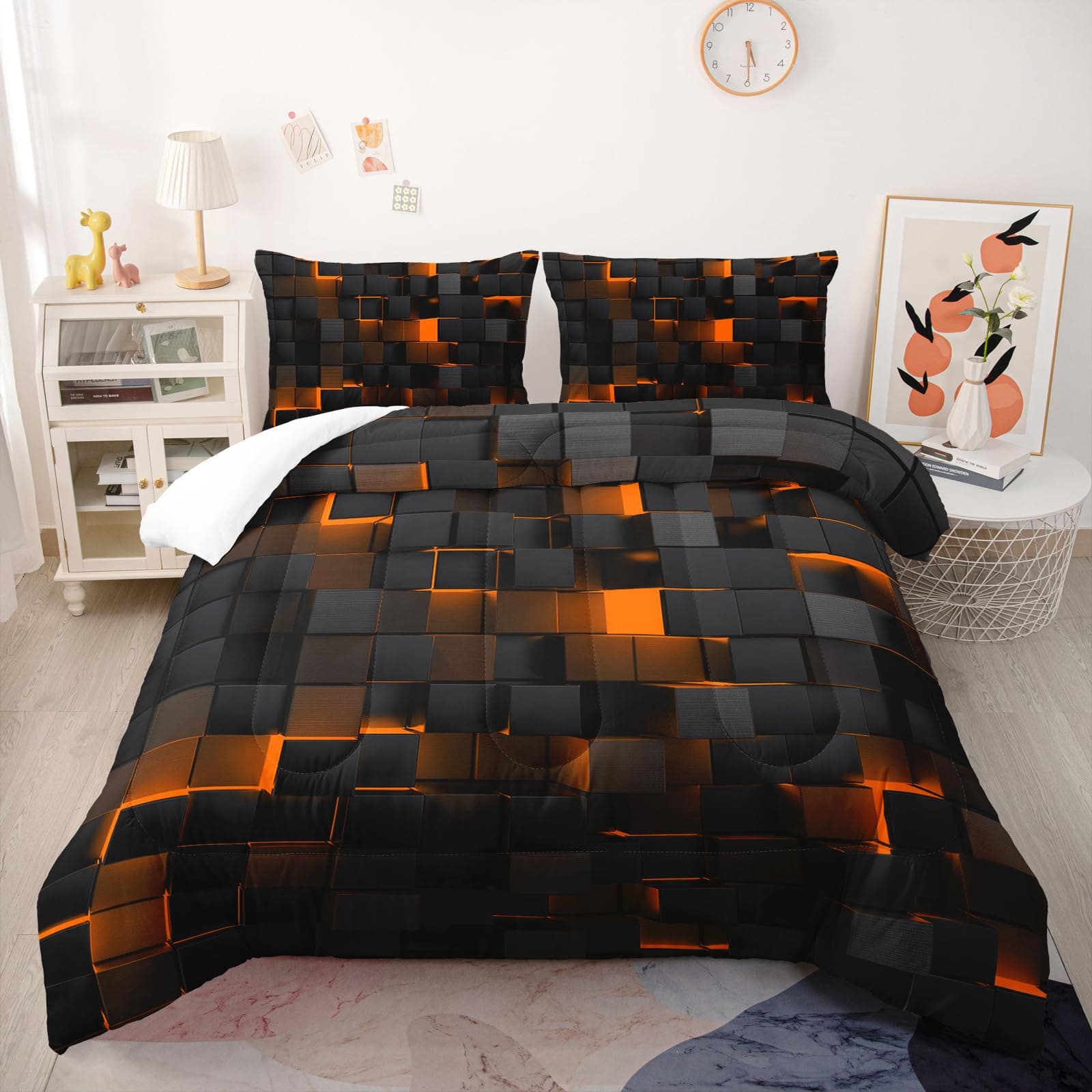 Nttopship Geometric Yellow Black Comforter Set King Size 3 Piece Microfiber - Thumbnail 3