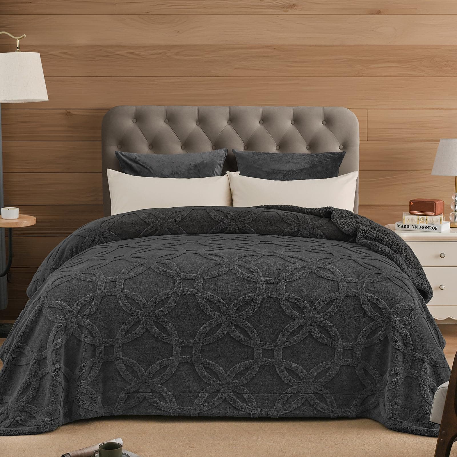 PHF Sherpa Fleece Blanket King Size 108" x 90" Dark Grey - Thumbnail 2