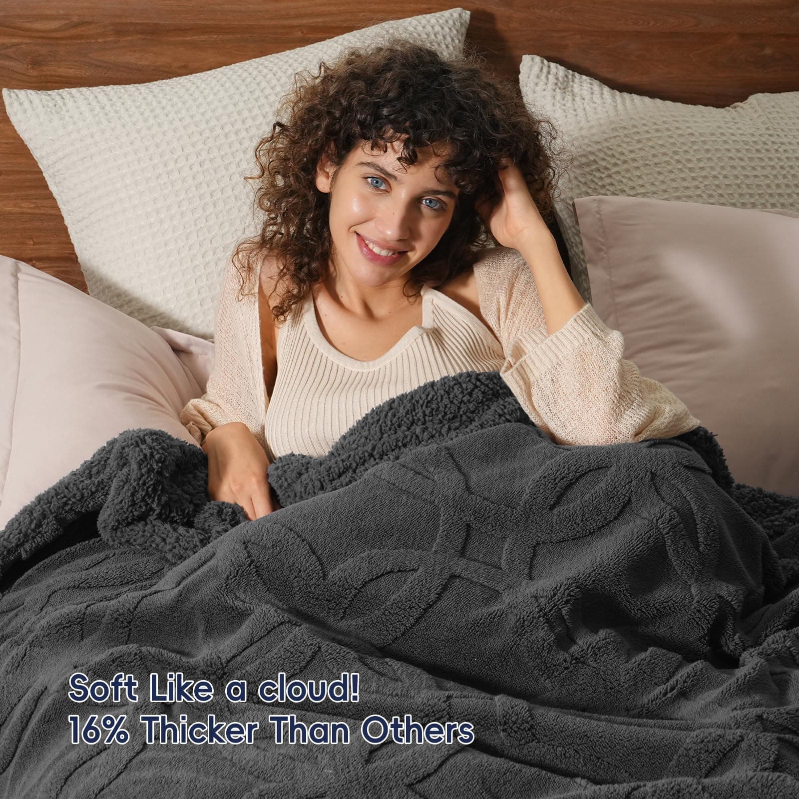 PHF Sherpa Fleece Blanket King Size 108" x 90" Dark Grey - Thumbnail 3