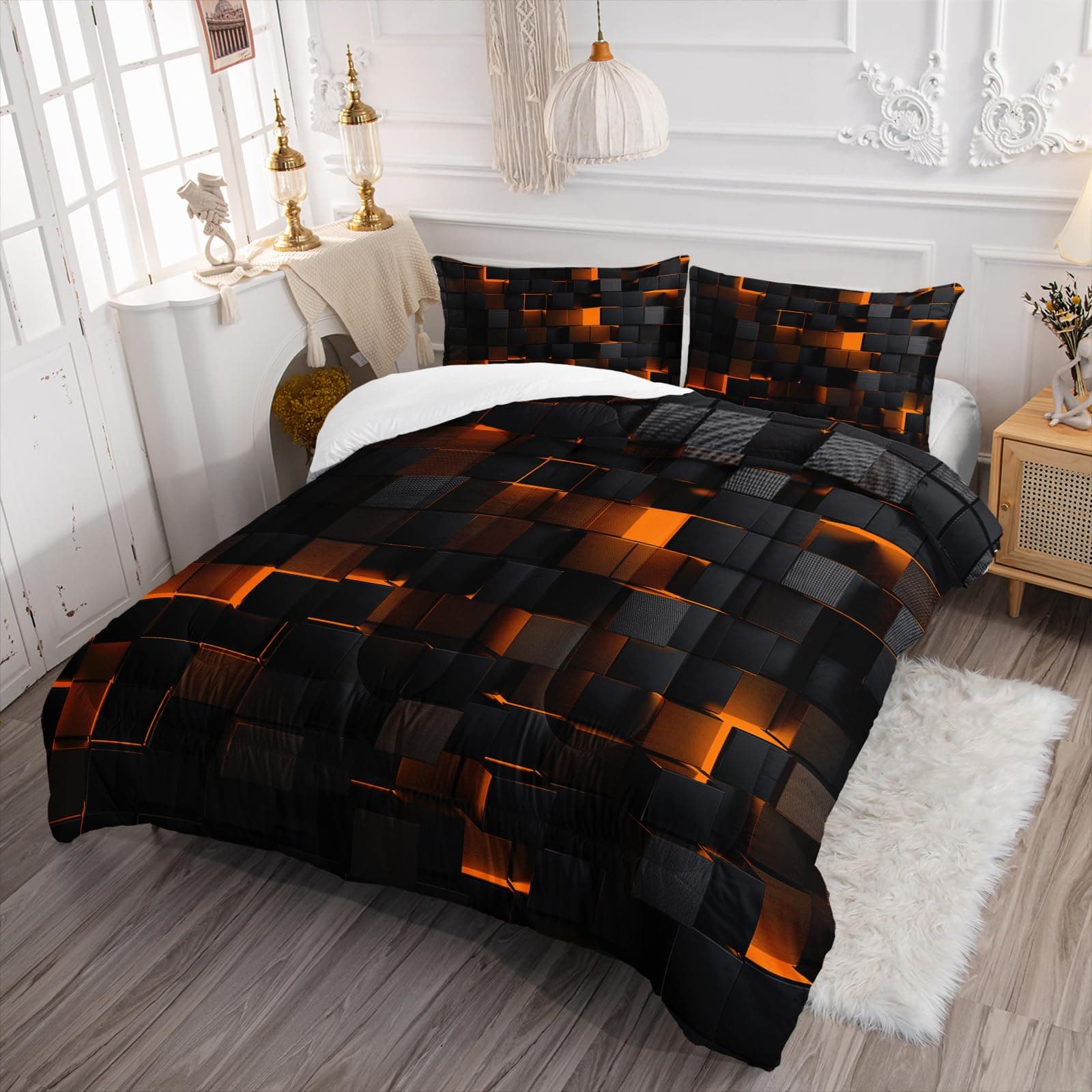 Nttopship Geometric Yellow Black Comforter Set King Size 3 Piece Microfiber - Thumbnail 4