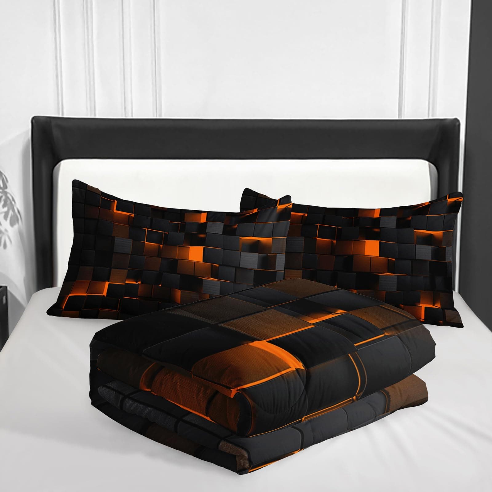 Nttopship Geometric Yellow Black Comforter Set King Size 3 Piece Microfiber - Thumbnail 5