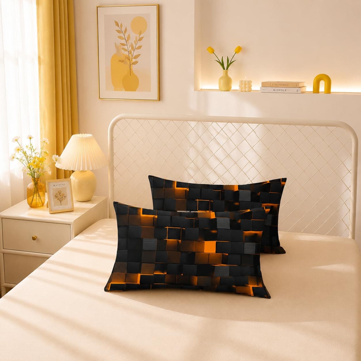 Nttopship Geometric Yellow Black Comforter Set King Size 3 Piece Microfiber - Thumbnail 7