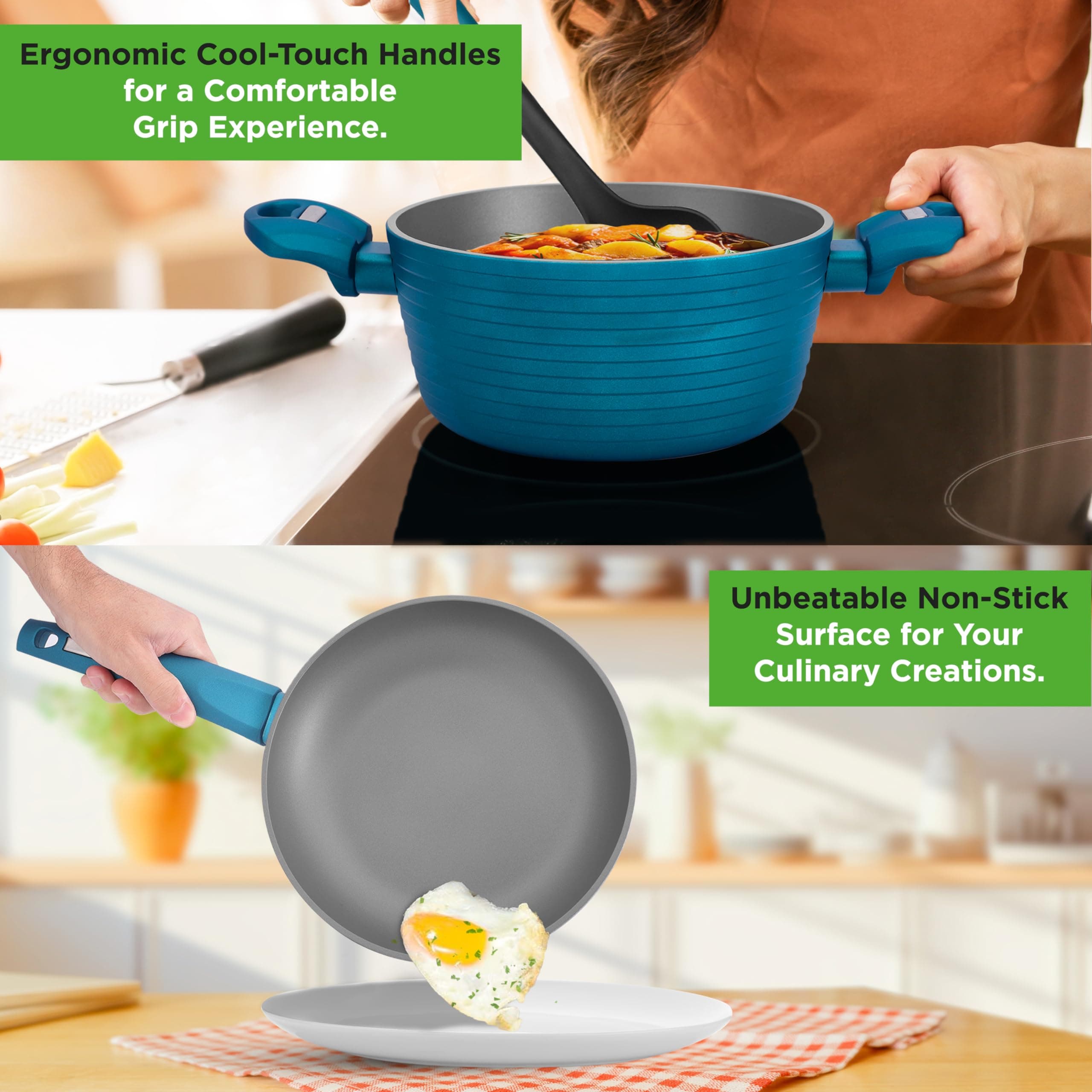 NutriChef NCCW12GR.6 12-Piece Nonstick Cookware Set Light Gray/Green Induction - Thumbnail 4