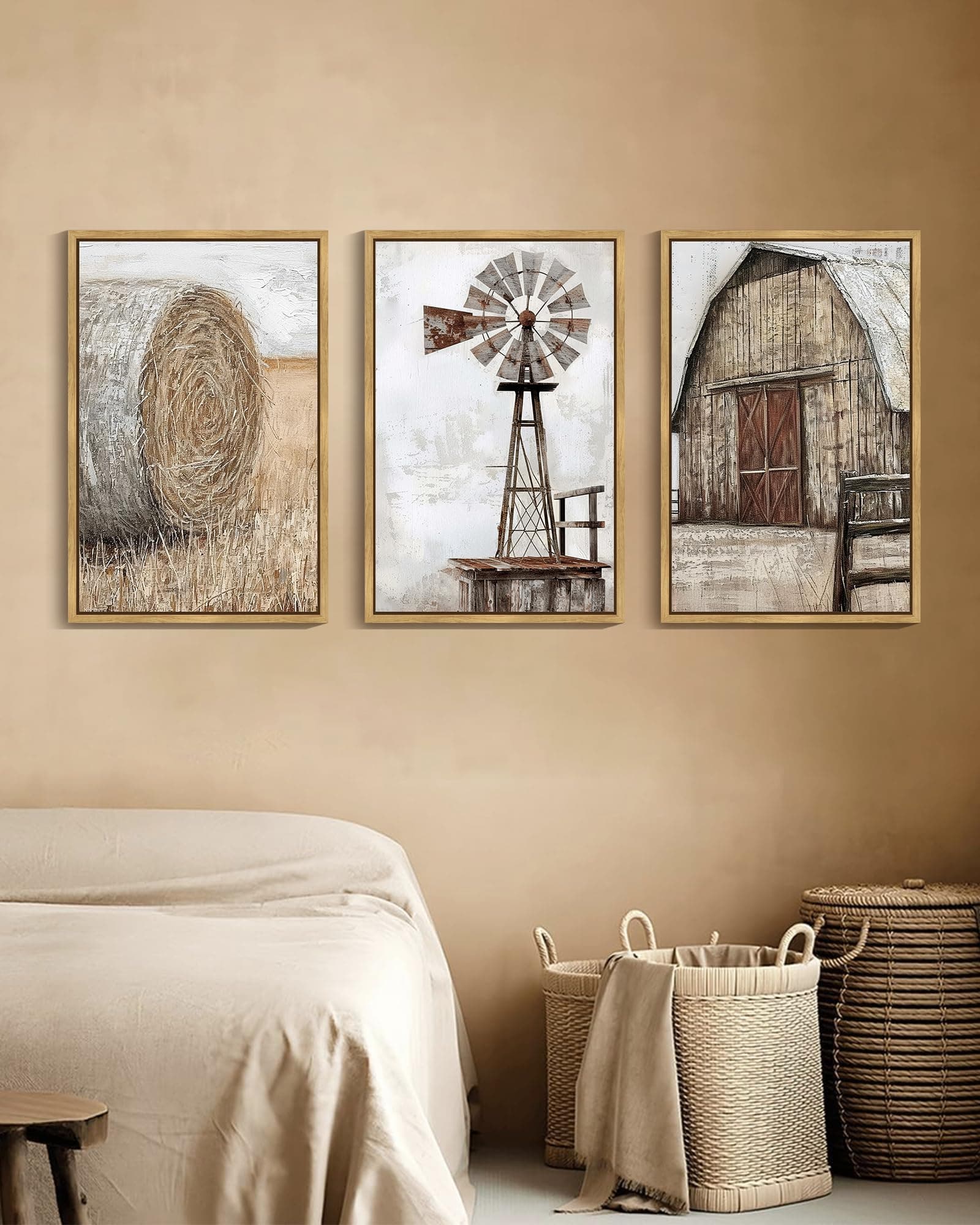 Drsoum Farmhouse Wall Art Windmill Barn Cornfield Landscape 16x24in Natural - Thumbnail 2