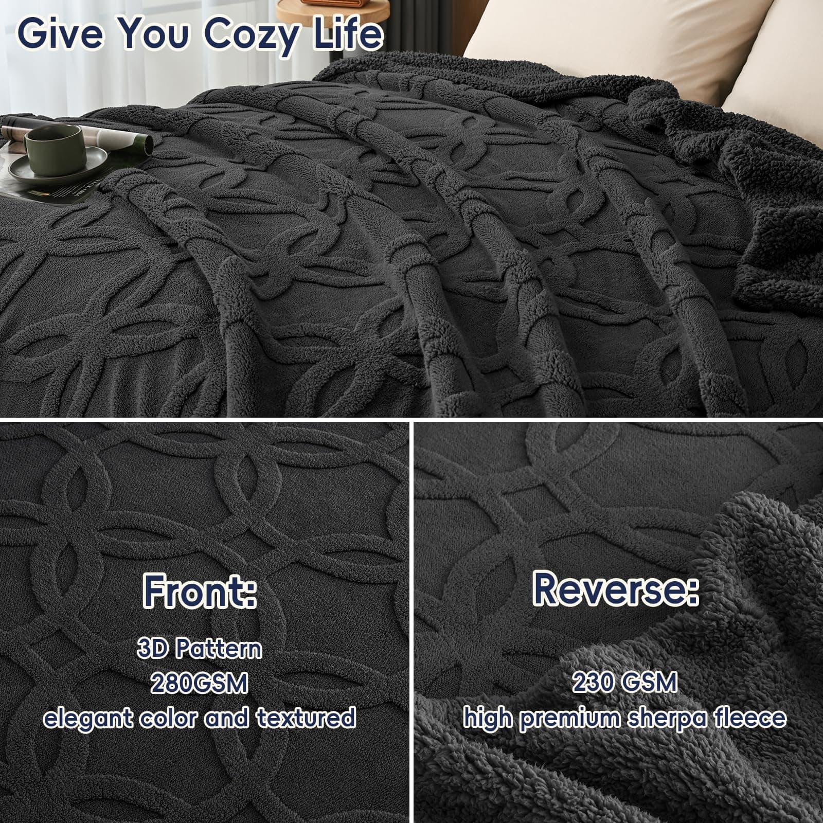 PHF Sherpa Fleece Blanket King Size 108" x 90" Dark Grey - Thumbnail 4