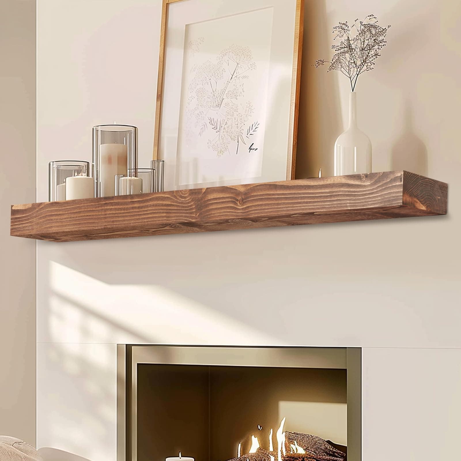 YLYHSST 60" Fireplace Mantel 3'' Thick Handmade Rustic Solid Wood Floating