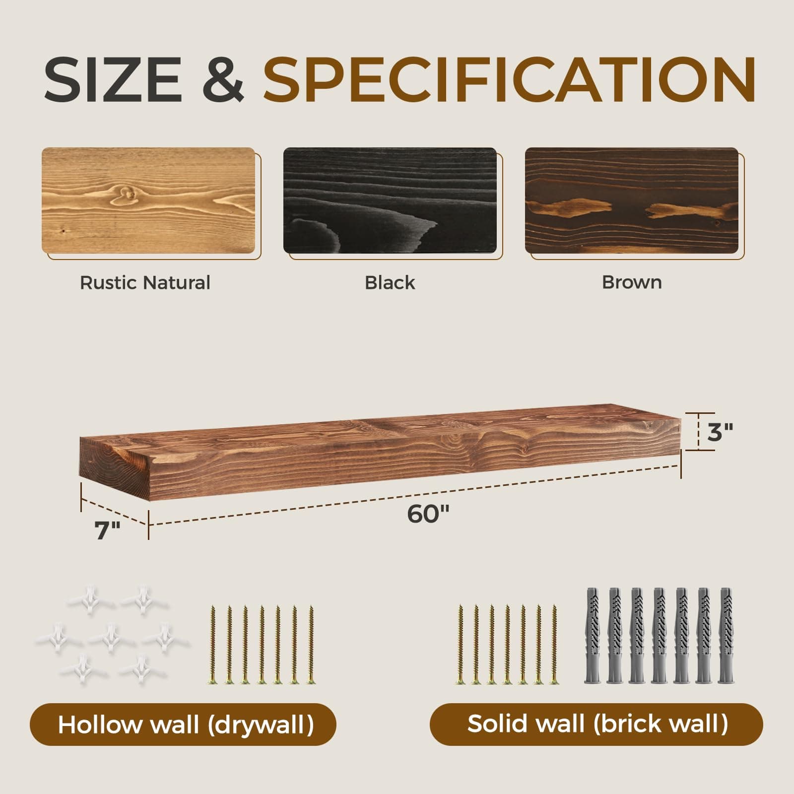 YLYHSST 60" Fireplace Mantel 3'' Thick Handmade Rustic Solid Wood Floating - Thumbnail 2