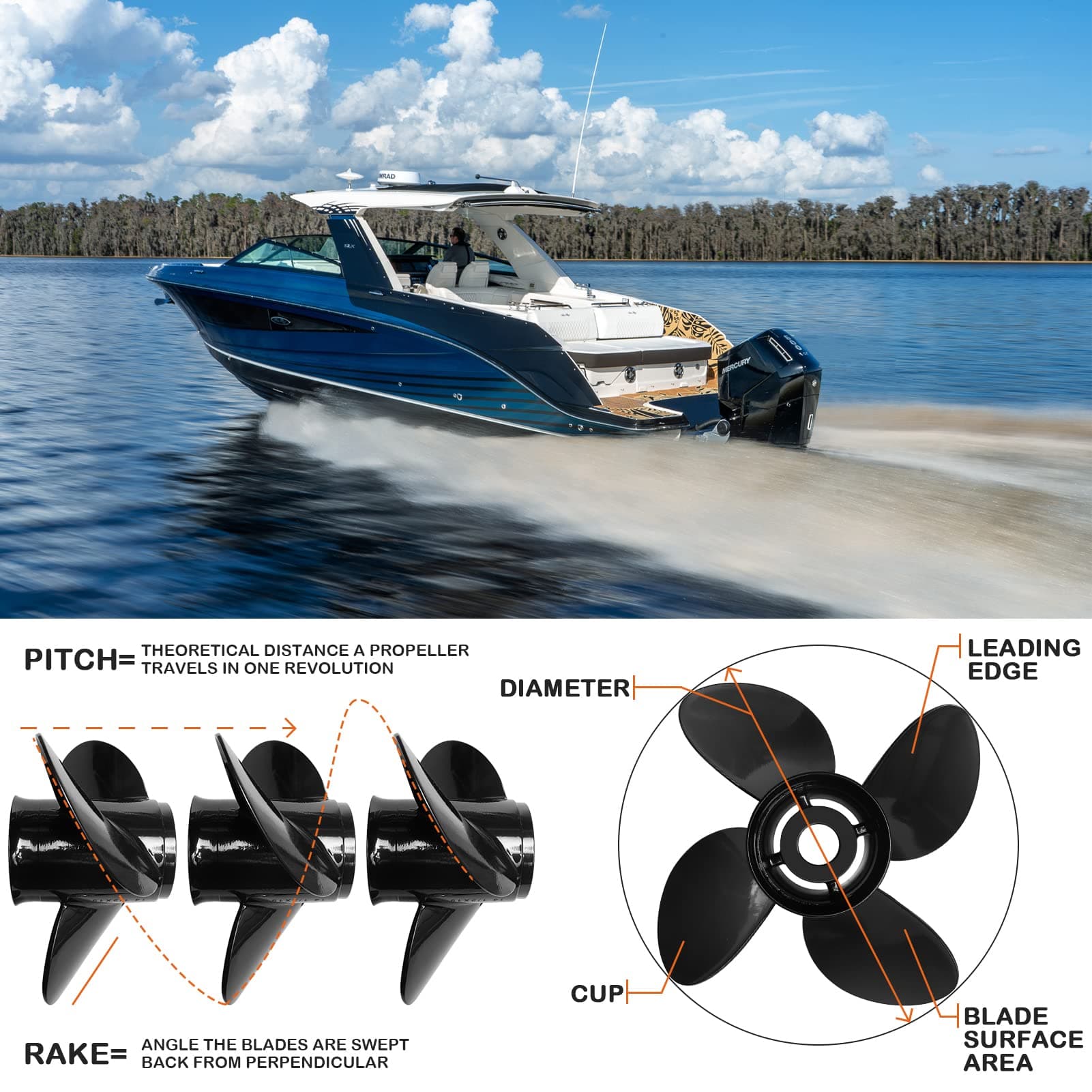 NOVINO 14x19" RH Outboard Propeller 4-Blade Aluminum for Mercury 135-300HP - Thumbnail 5