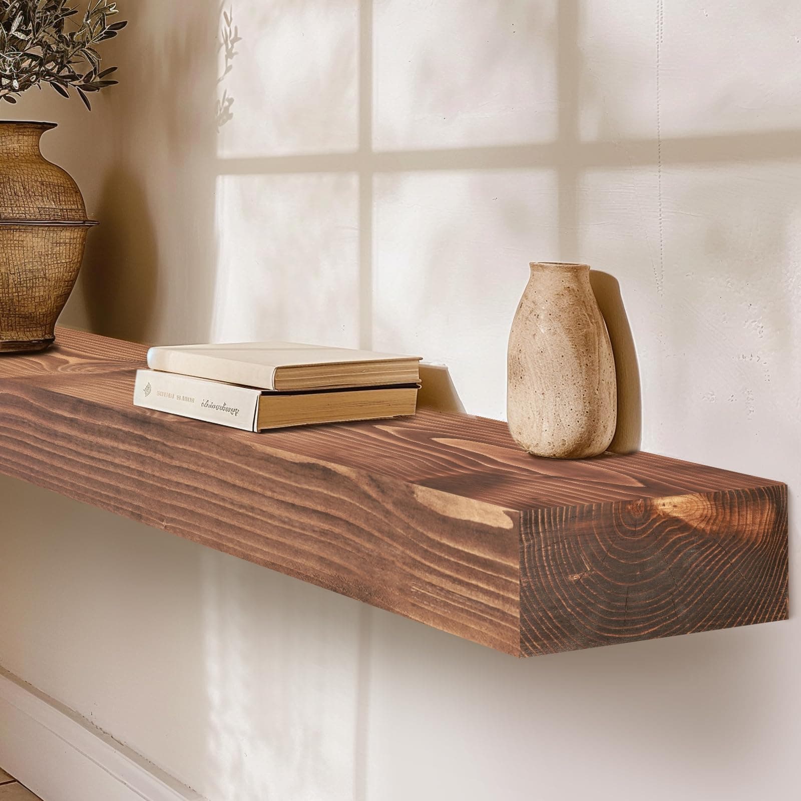 YLYHSST 60" Fireplace Mantel 3'' Thick Handmade Rustic Solid Wood Floating - Thumbnail 5