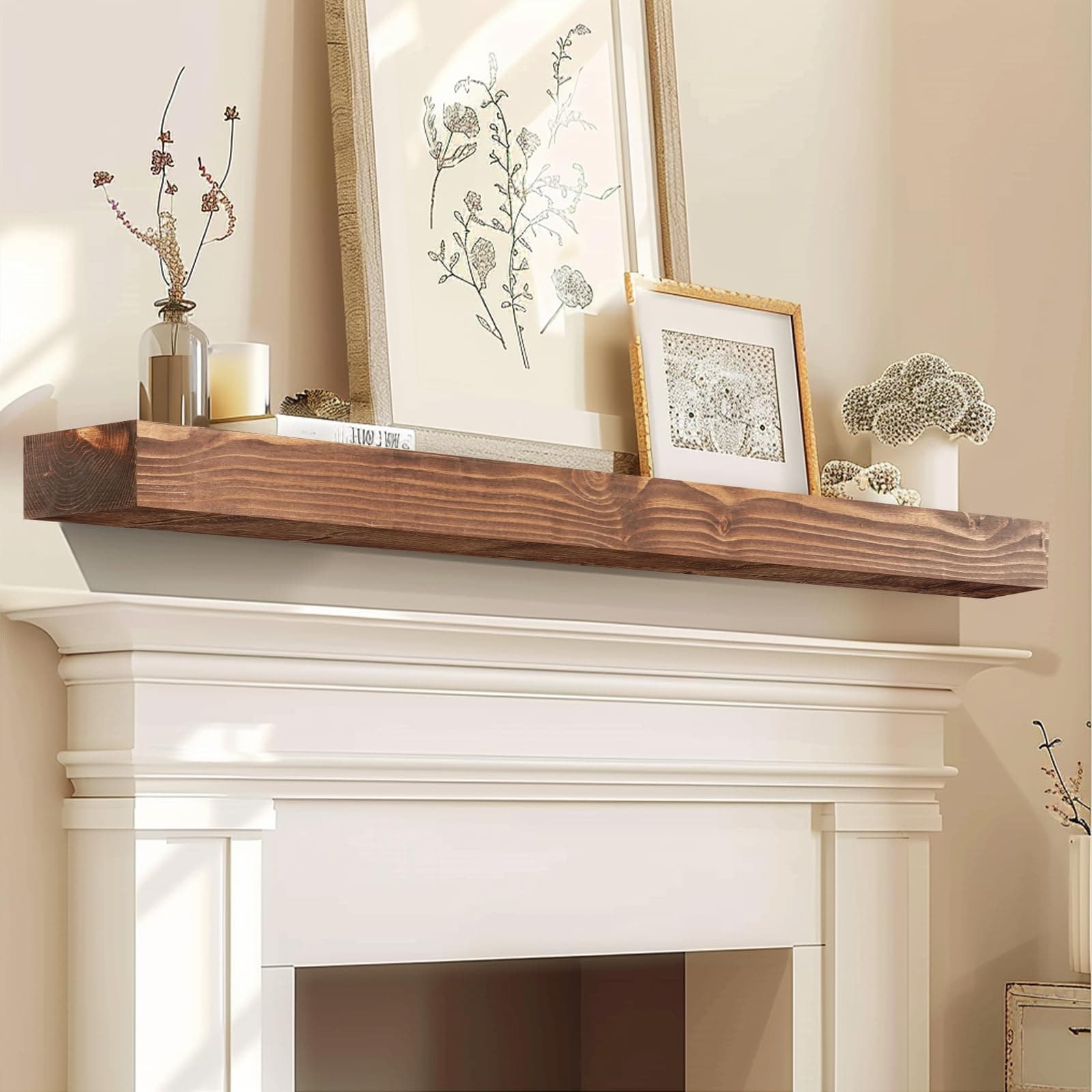 YLYHSST 60" Fireplace Mantel 3'' Thick Handmade Rustic Solid Wood Floating - Thumbnail 4
