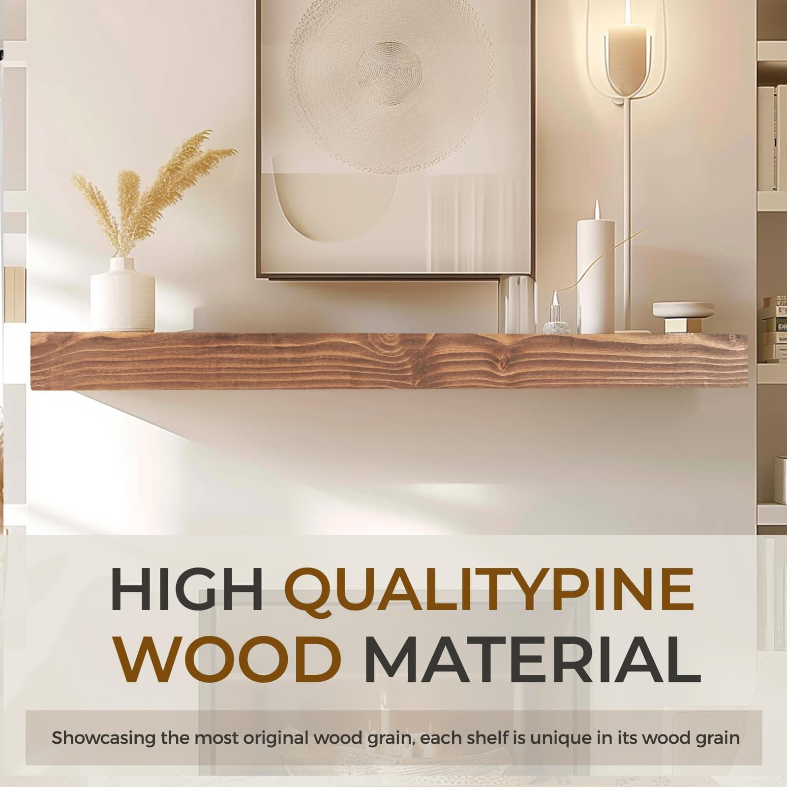YLYHSST 60" Fireplace Mantel 3'' Thick Handmade Rustic Solid Wood Floating - Thumbnail 6