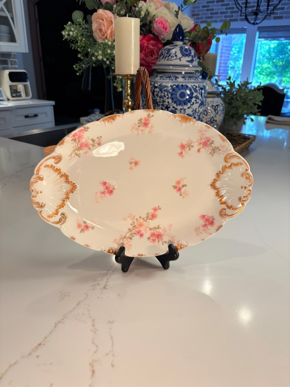 13" CFH GDM Haviland Limoges Platter Pink Floral Gold Shell