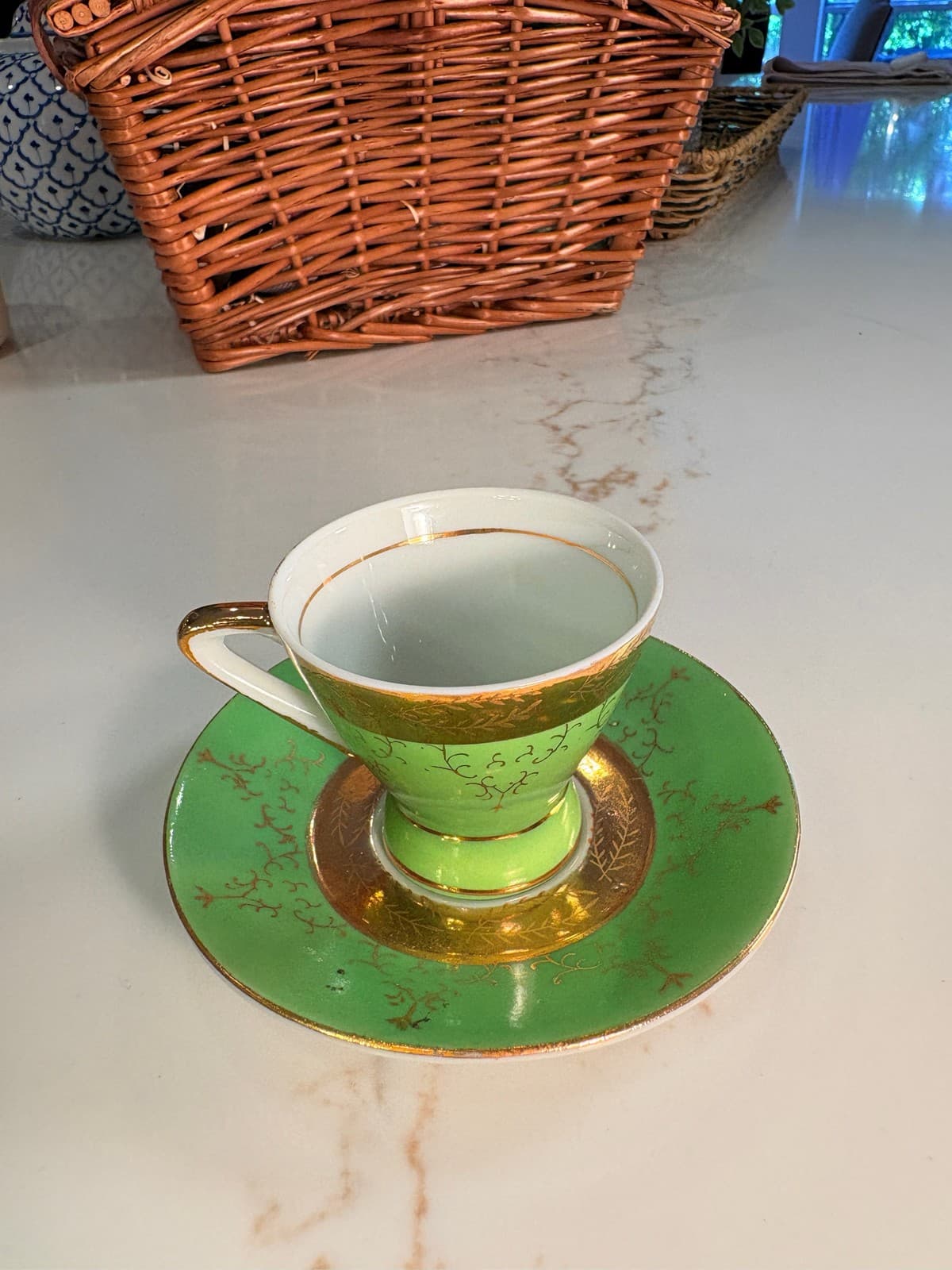 Trina Demitasse Teacup Saucer Set Green Gold Porcelain Japan