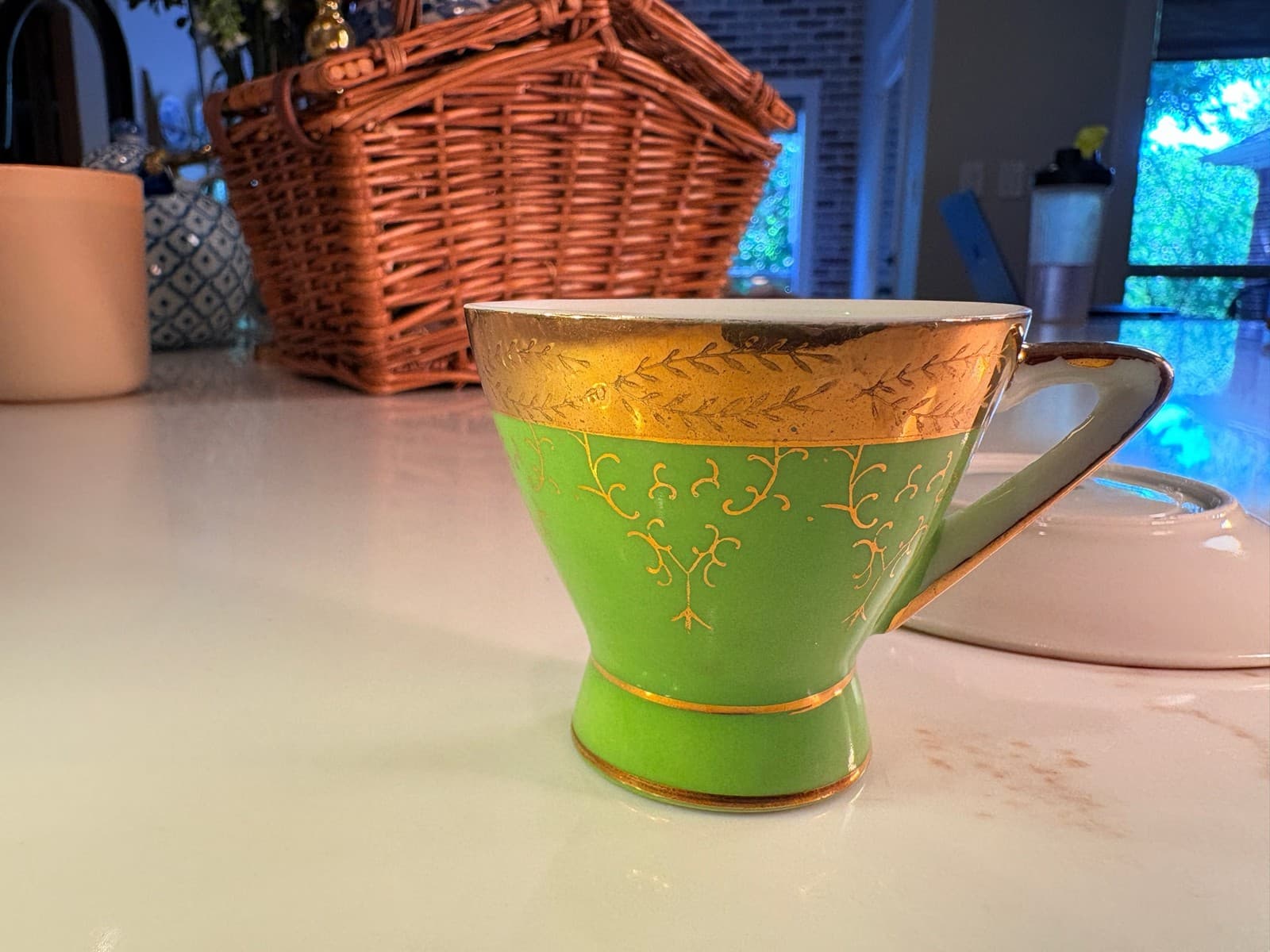 Trina Demitasse Teacup Saucer Set Green Gold Porcelain Japan - Thumbnail 3