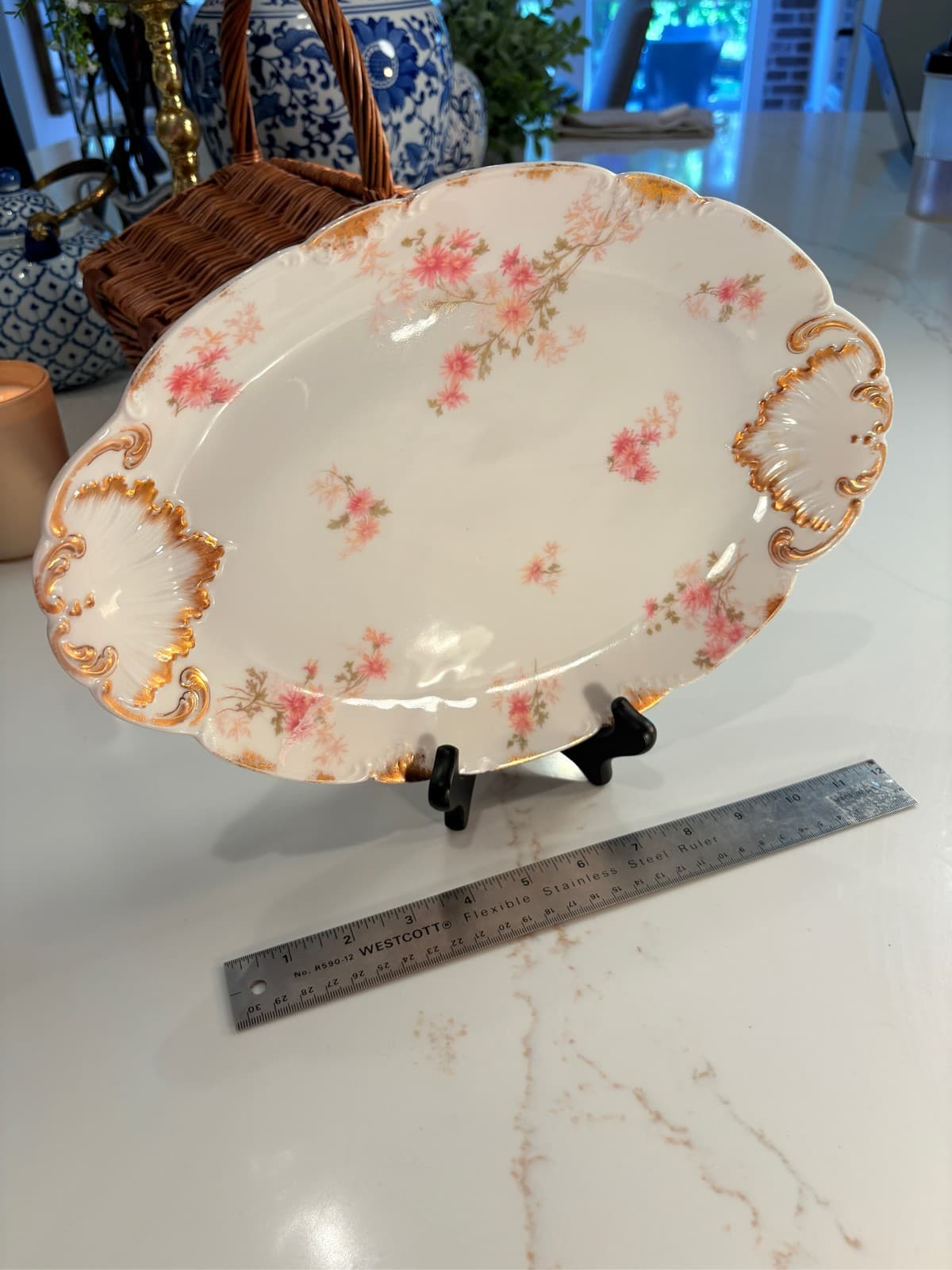 13" CFH GDM Haviland Limoges Platter Pink Floral Gold Shell - Thumbnail 7