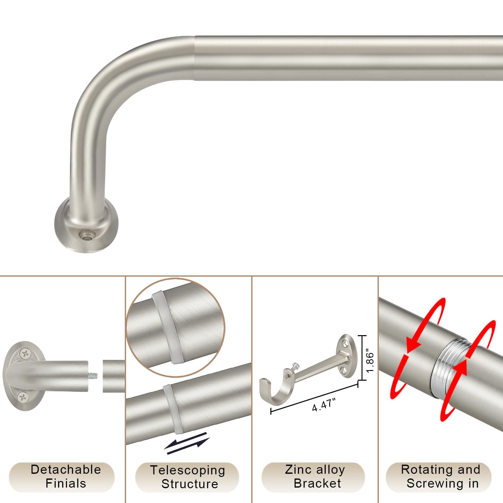 2 Pack 1" Wrap Around Curtain Rods 28-56" Splicing Adjustable Satin Nickel - Thumbnail 4