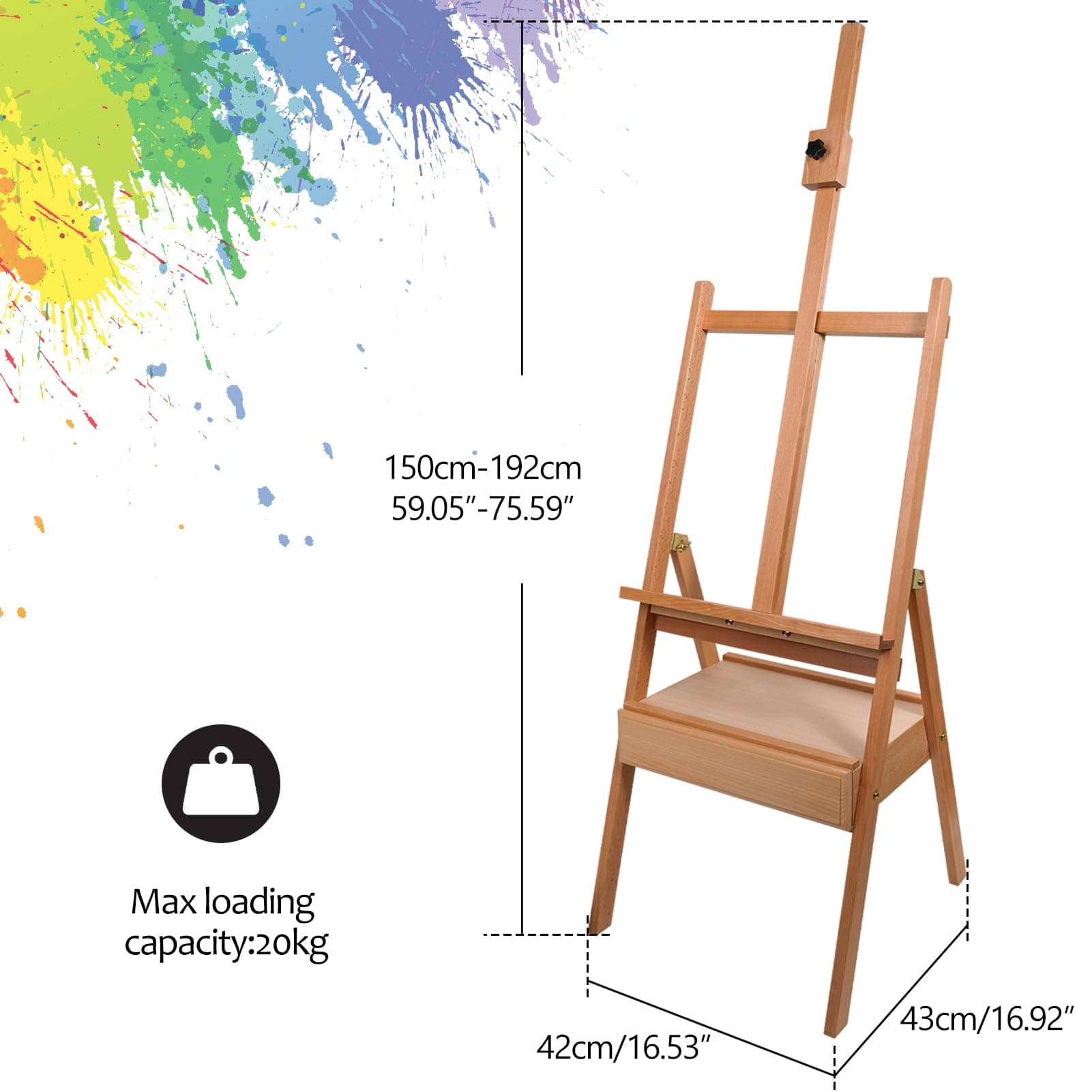 Reuentone S12 Beech Wood H-Frame Studio Easel 59-75 Adjustable Height with - Thumbnail 2