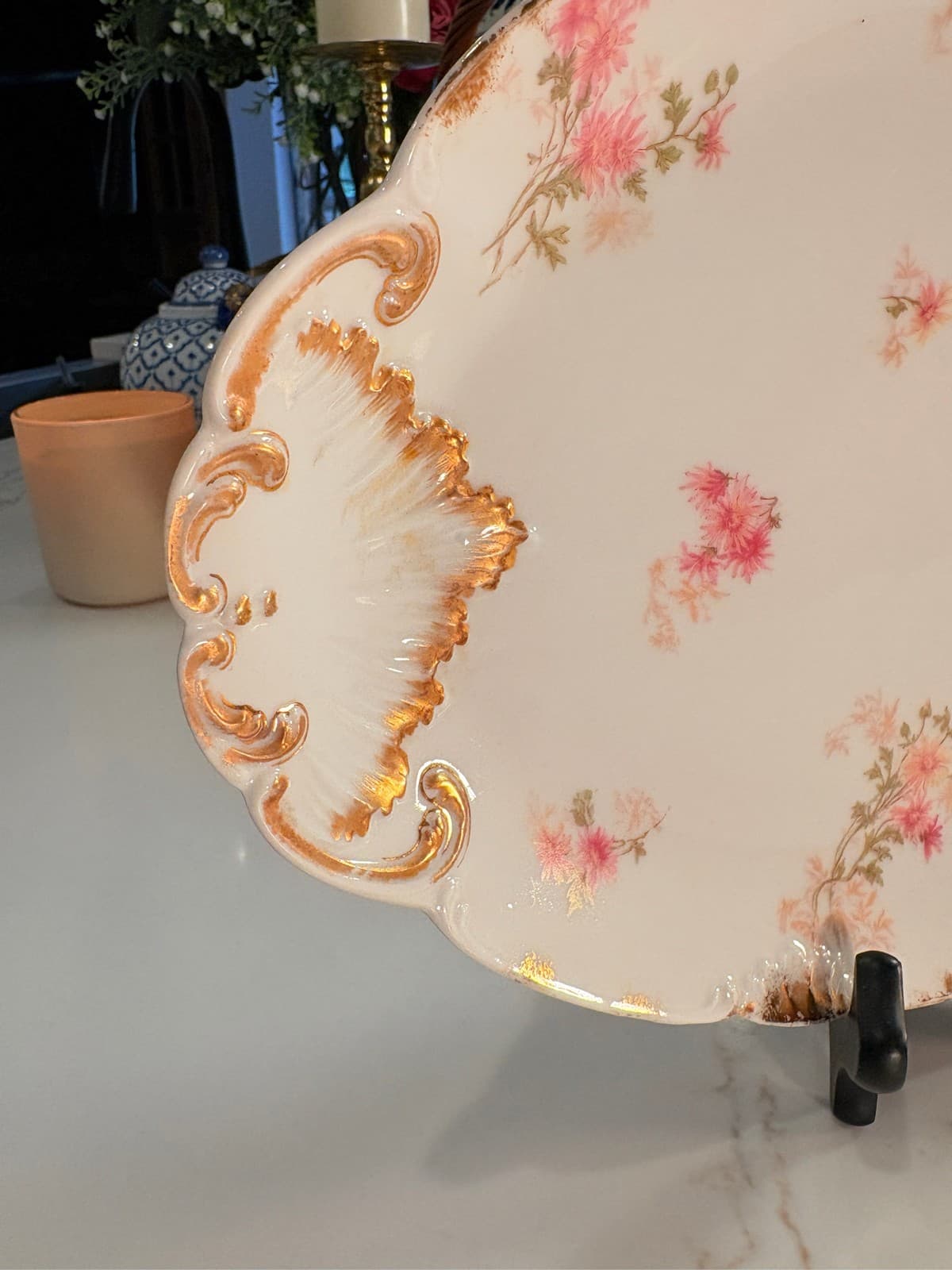 13" CFH GDM Haviland Limoges Platter Pink Floral Gold Shell - Thumbnail 6