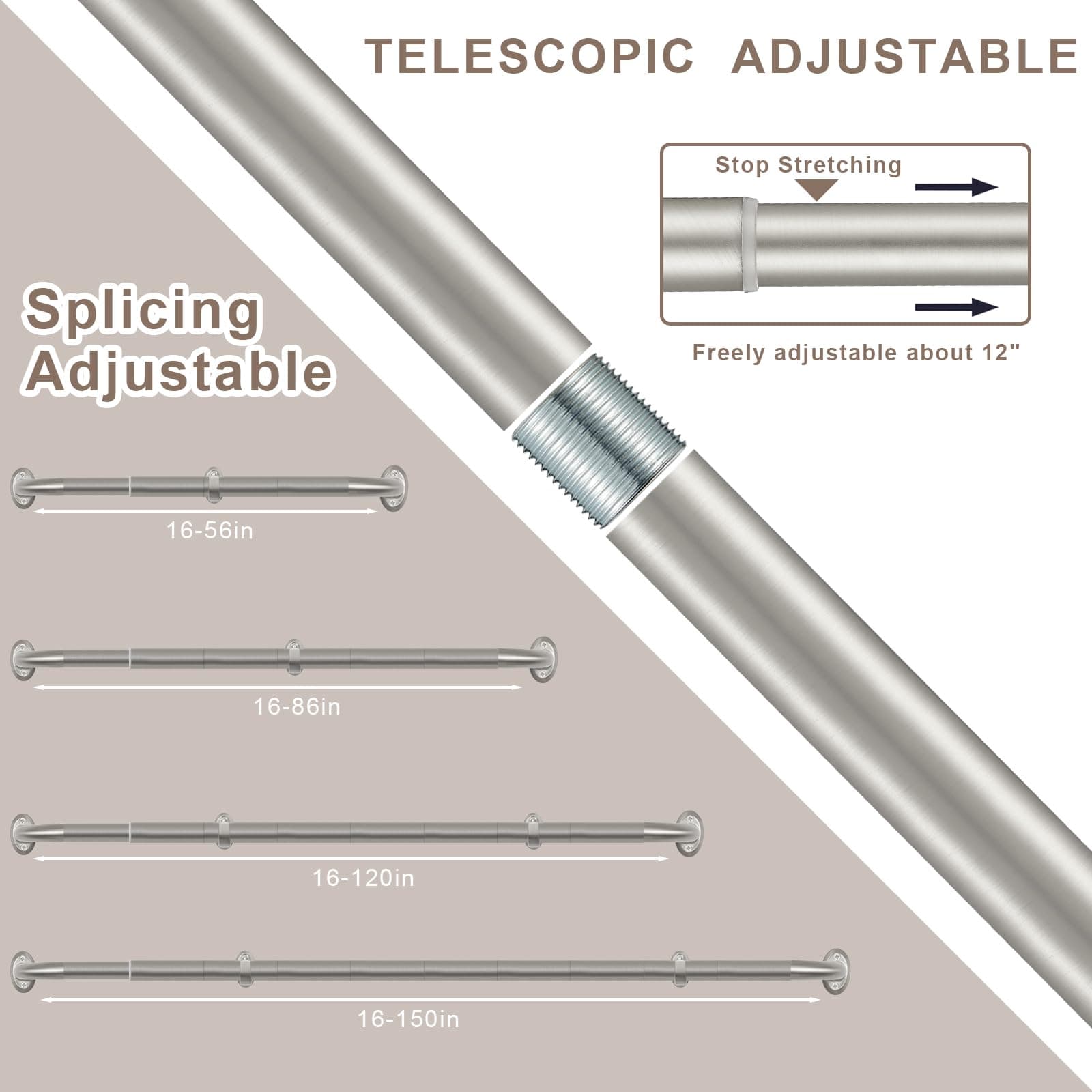 2 Pack 1" Wrap Around Curtain Rods 28-56" Splicing Adjustable Satin Nickel - Thumbnail 5