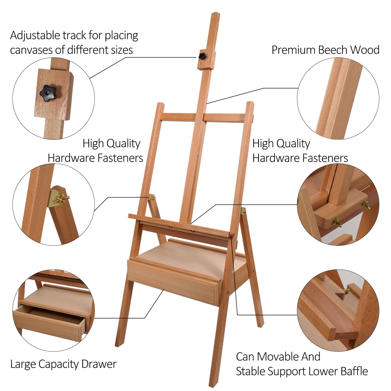 Reuentone S12 Beech Wood H-Frame Studio Easel 59-75 Adjustable Height with - Thumbnail 4