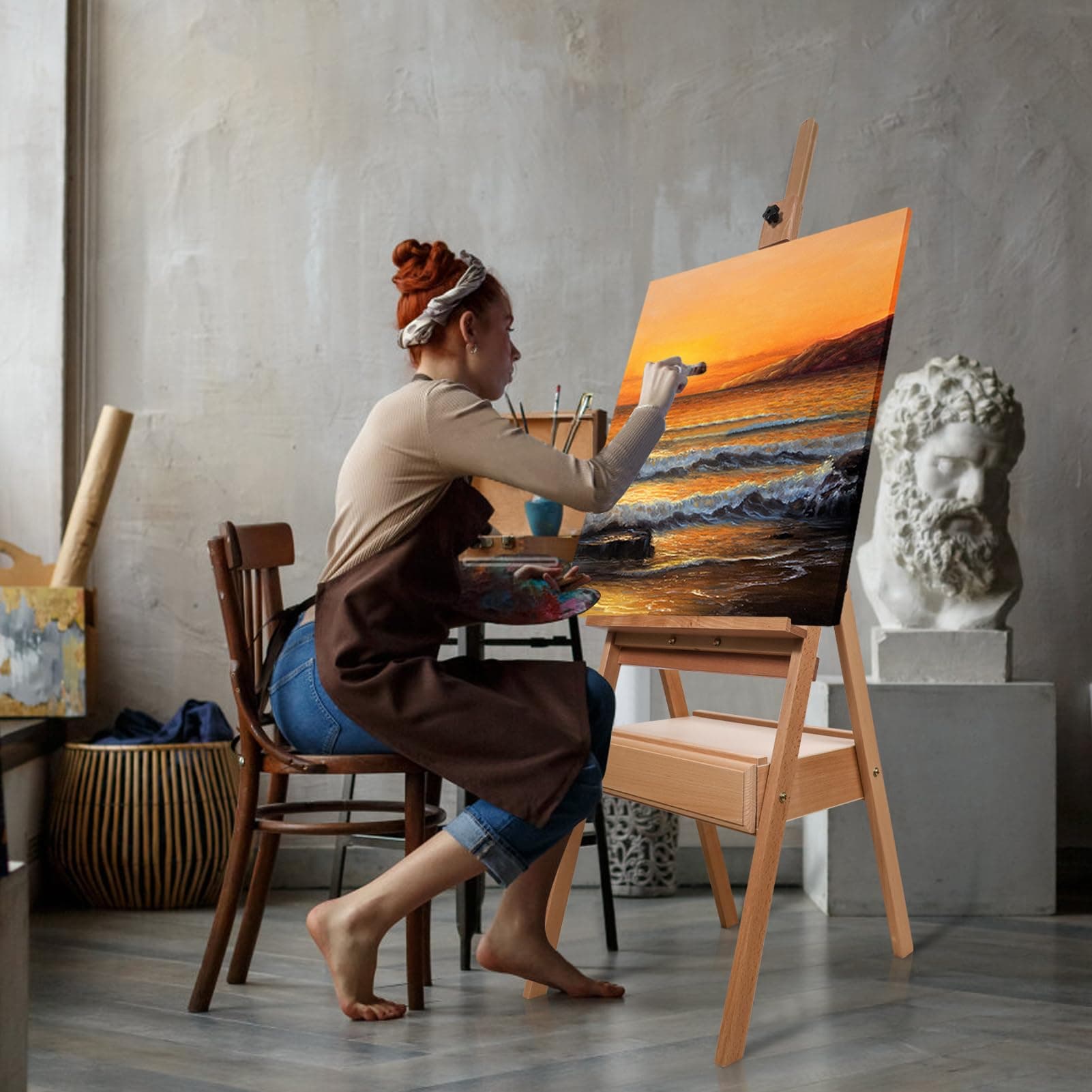 Reuentone S12 Beech Wood H-Frame Studio Easel 59-75 Adjustable Height with - Thumbnail 6