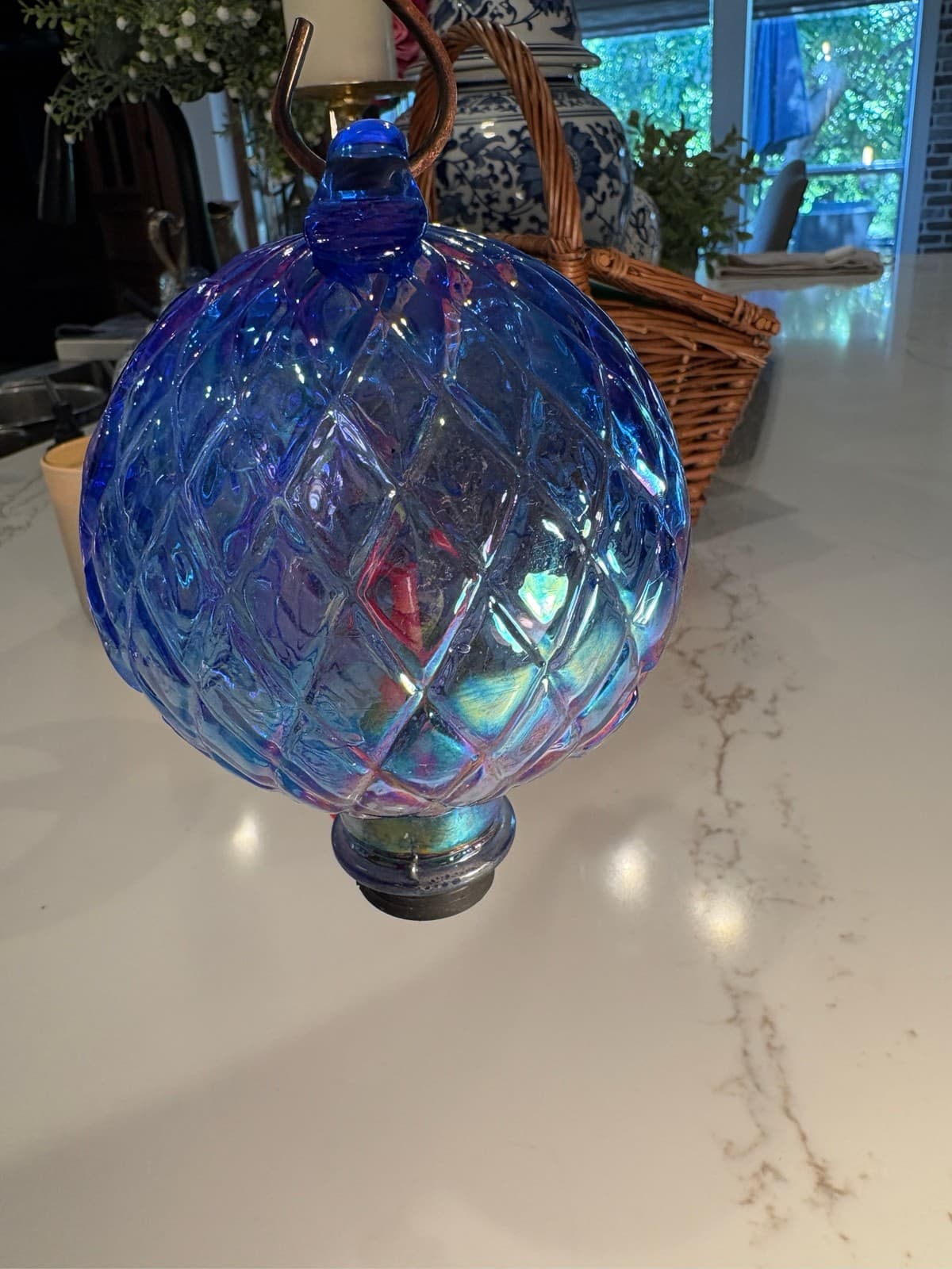 Iridescent Blue Hand Blown Glass Hummingbird Feeder Textured Diamond - Thumbnail 2