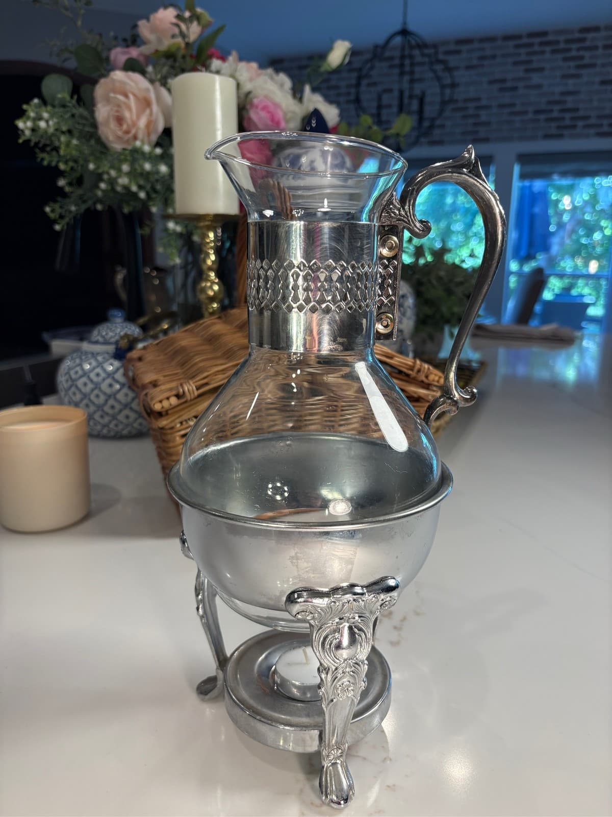 Silver Plated Glass Coffee Tea Carafe Pitcher with Warmer Stand