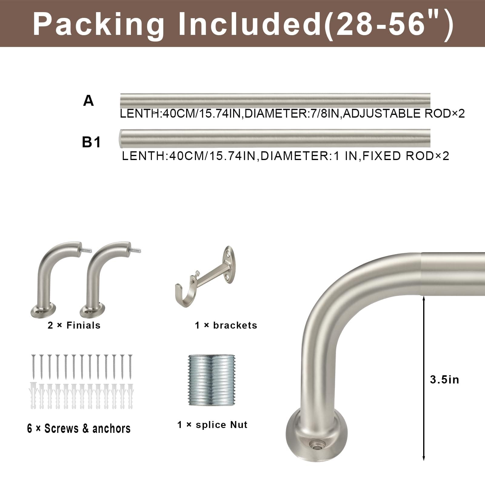 2 Pack 1" Wrap Around Curtain Rods 28-56" Splicing Adjustable Satin Nickel - Thumbnail 7