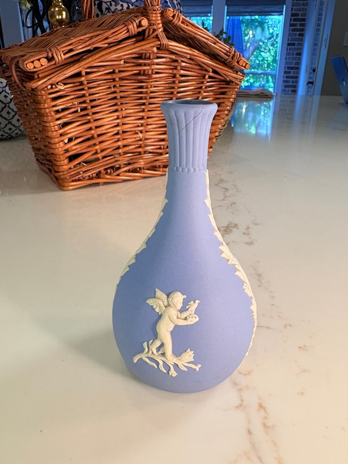 Wedgwood Blue Jasperware Bud Vase Cherub Cupid 5 Inch England - Thumbnail 2