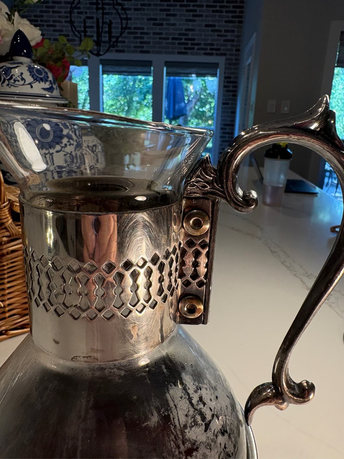 Silver Plated Glass Coffee Tea Carafe Pitcher with Warmer Stand - Thumbnail 3