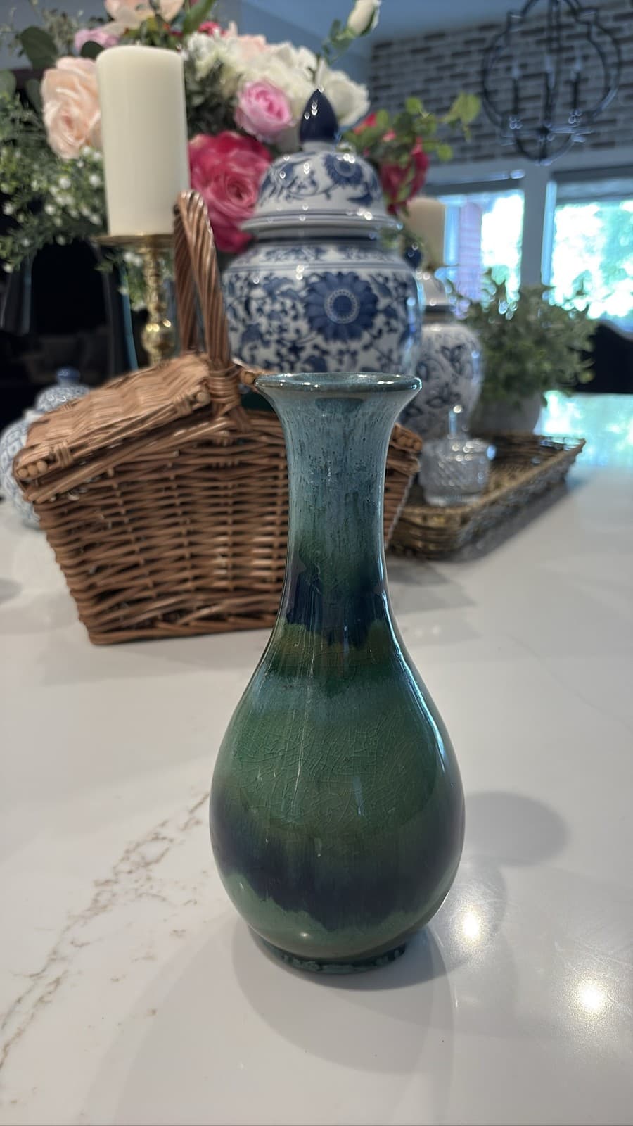 MCM Blue Green Drip Glaze Ceramic Bud Vase Studio Art Pottery