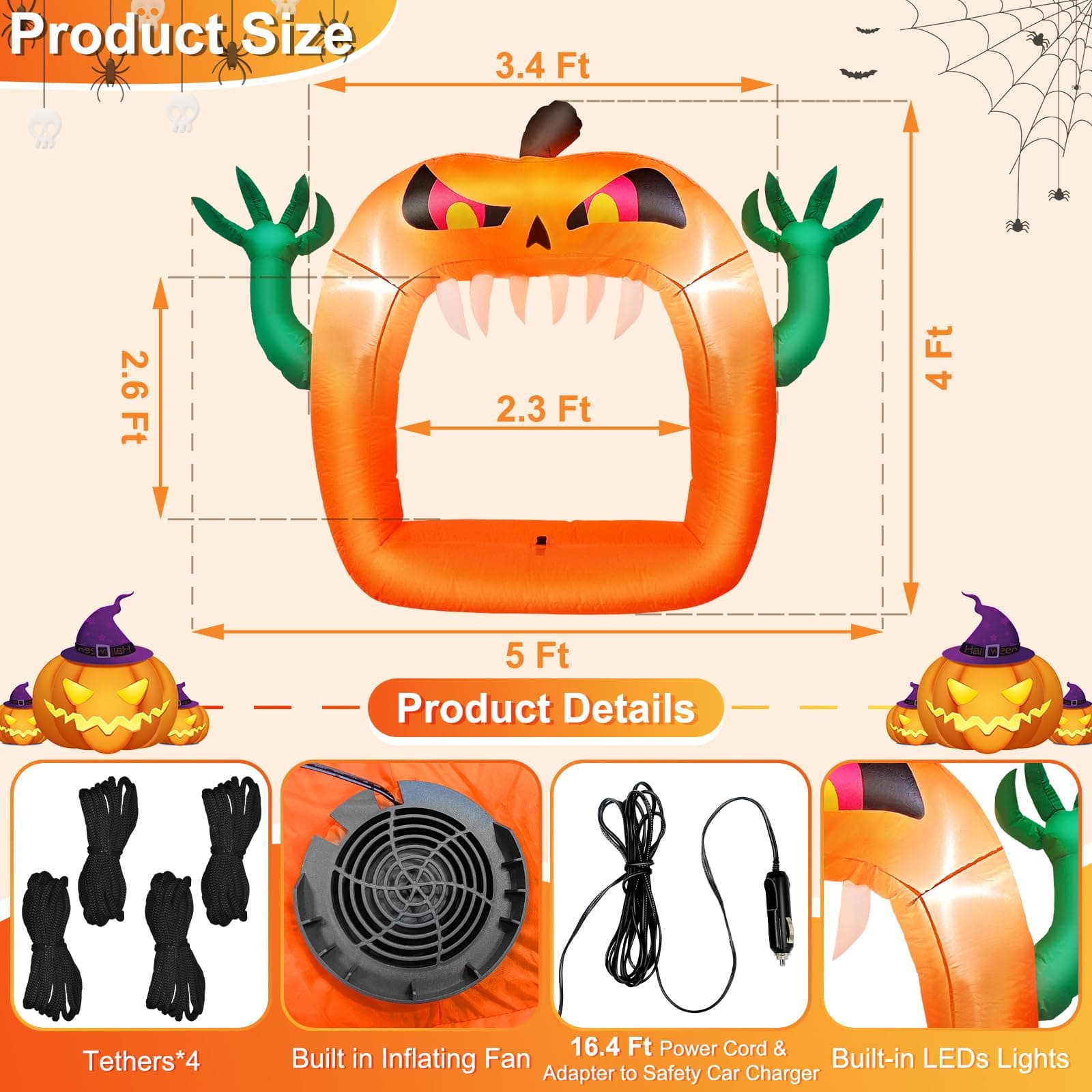 TURNMEON 4 FT Halloween Inflatable Pumpkin Built-in LEDs Outdoor Yard Decor - Thumbnail 2