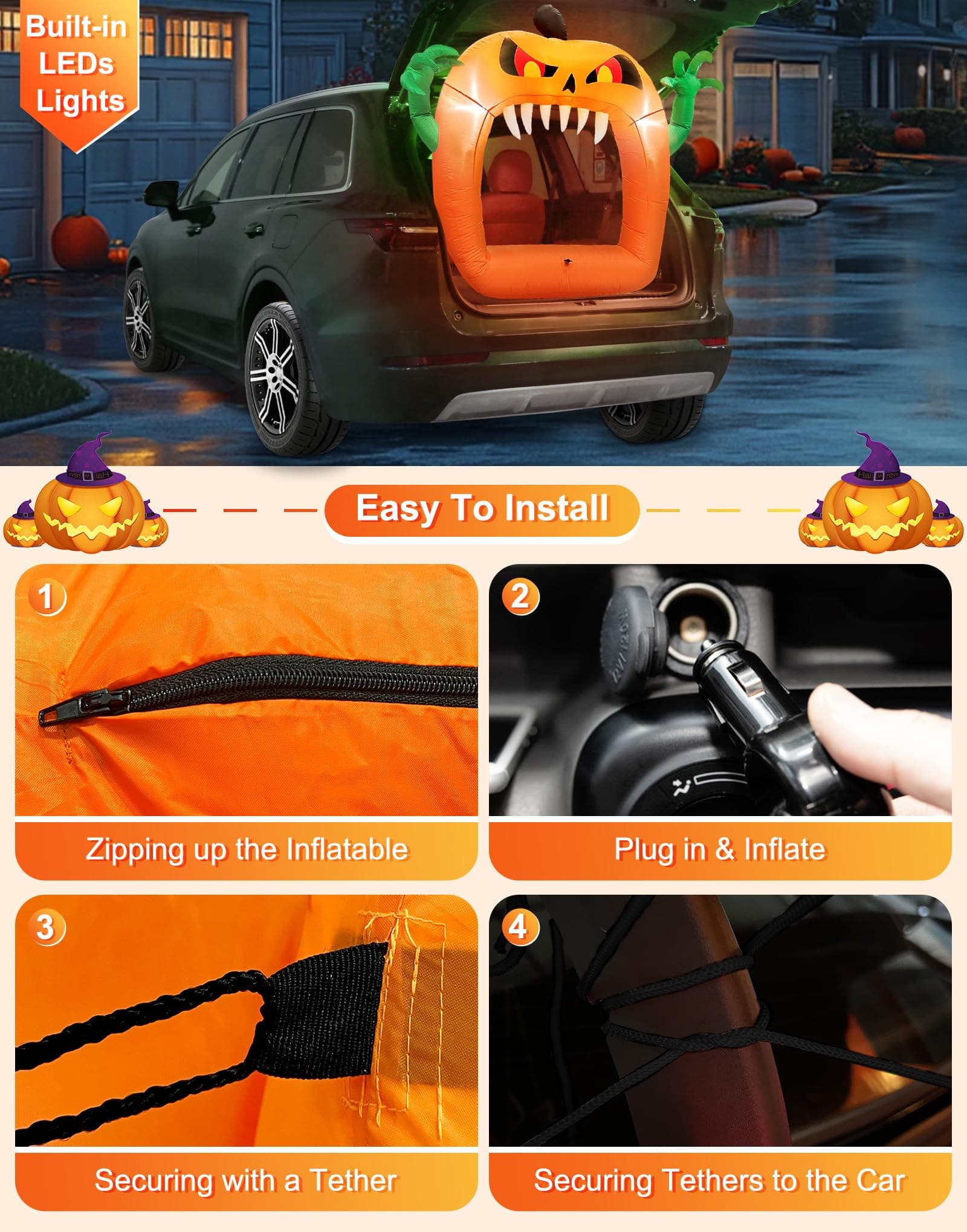 TURNMEON 4 FT Halloween Inflatable Pumpkin Built-in LEDs Outdoor Yard Decor - Thumbnail 3