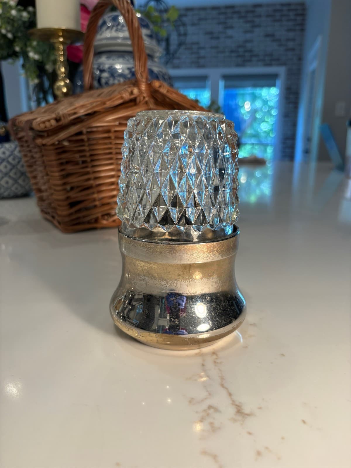 Dine-Aglow Crome and Diamond Cut Glass fairy Lamp Fuel Candle Holder