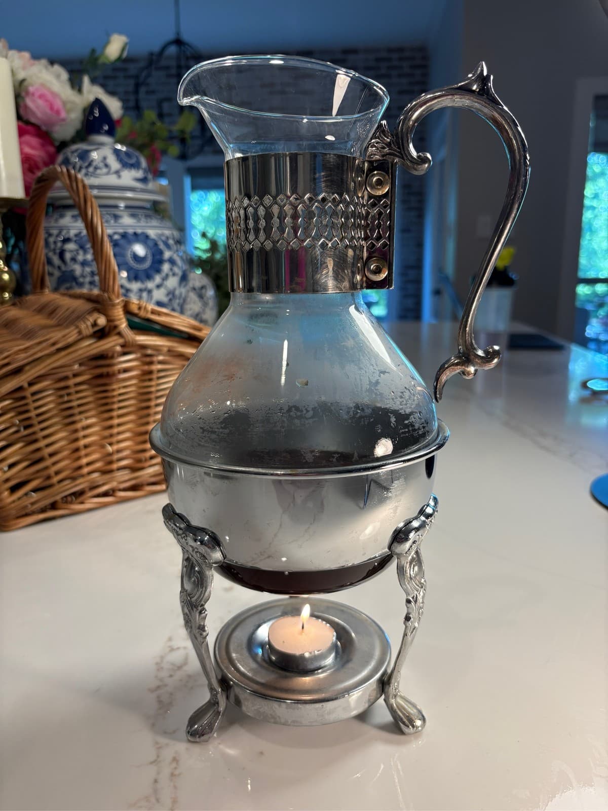 Silver Plated Glass Coffee Tea Carafe Pitcher with Warmer Stand - Thumbnail 2